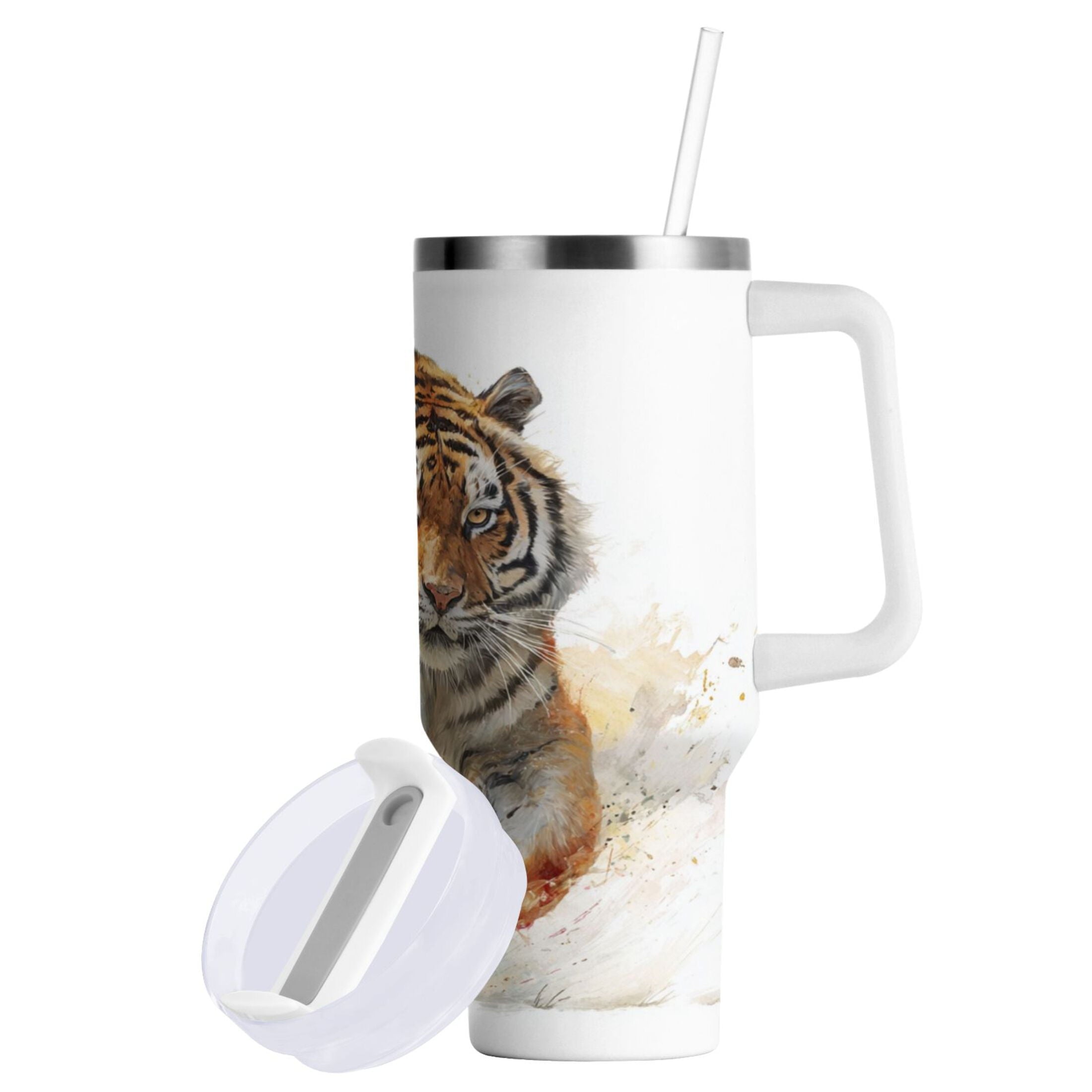 30 oz Insulated Stainless Steel Tumbler Double Wall Stainless Steel Tumbler with 2-Way Drinking Tiger in Action - TP44