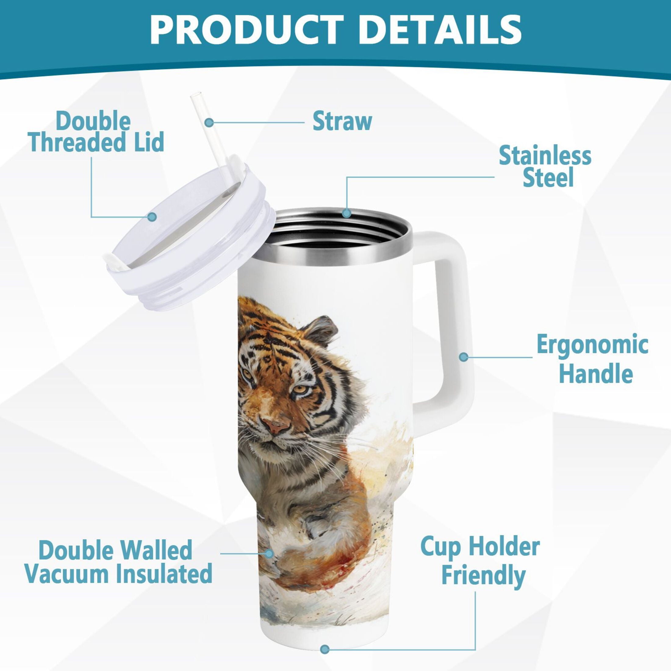 30 oz Insulated Stainless Steel Tumbler Double Wall Stainless Steel Tumbler with 2-Way Drinking Tiger in Action - TP44