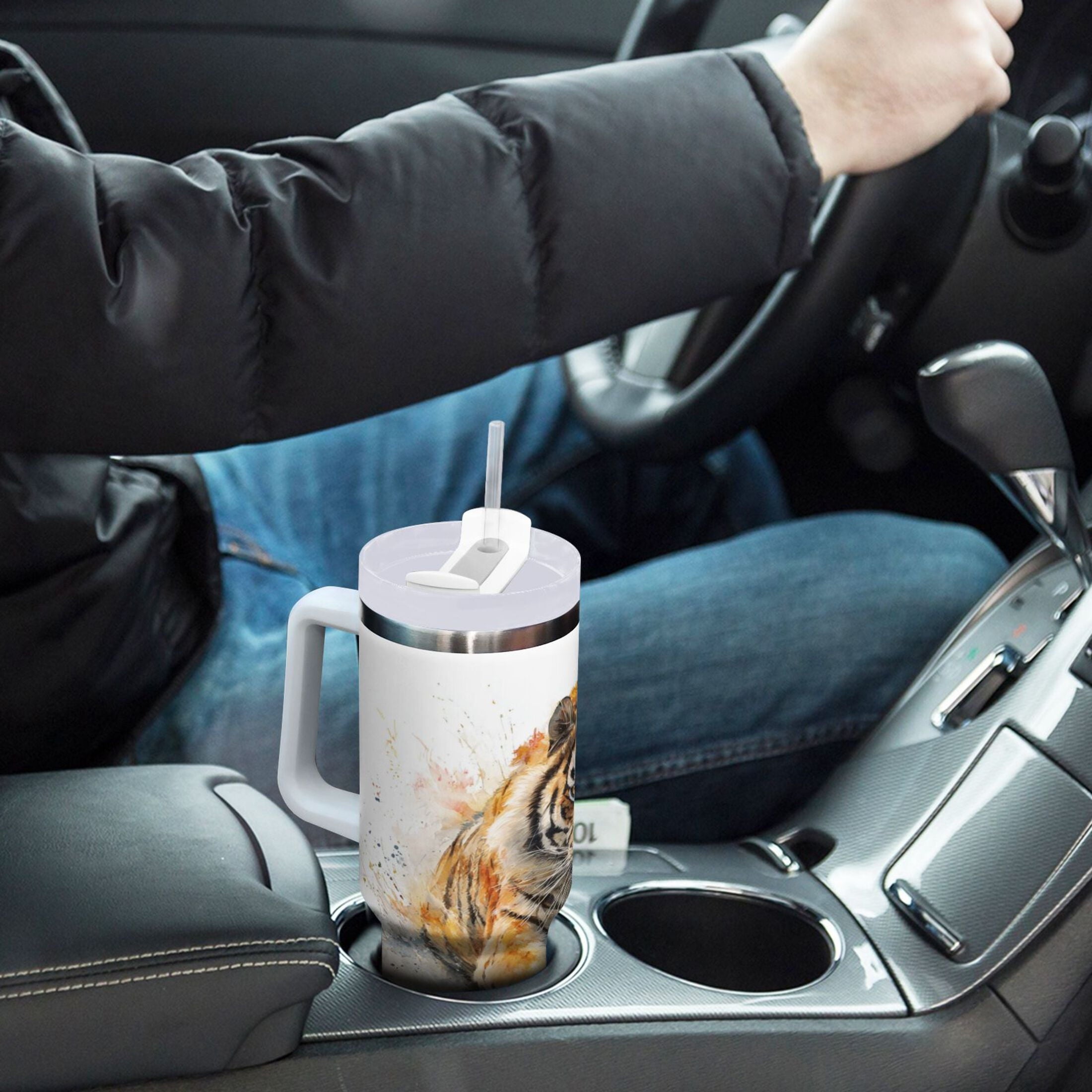 30 oz Insulated Stainless Steel Tumbler Double Wall Stainless Steel Tumbler with 2-Way Drinking Tiger in Action - TP44