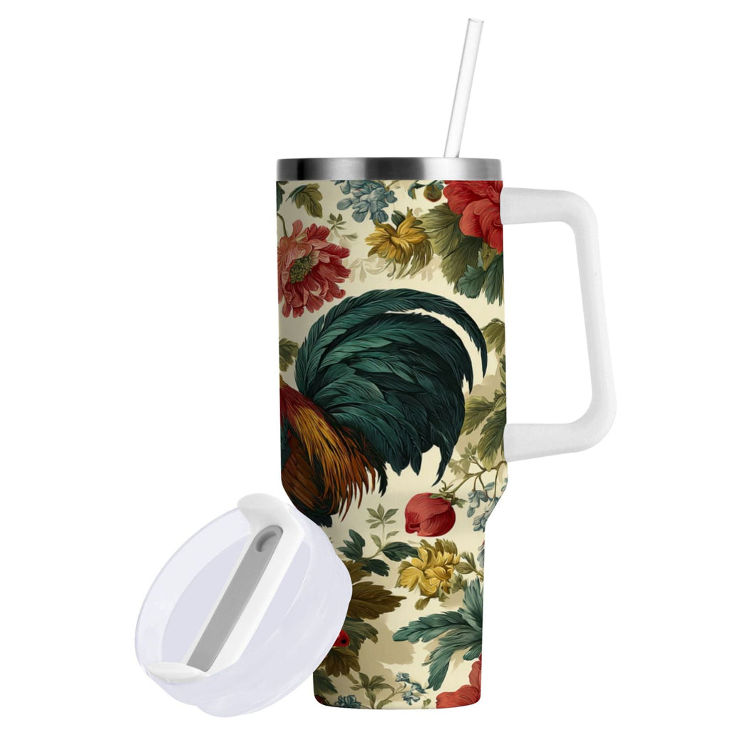 40 oz Insulated Stainless Steel Tumbler Double Wall Stainless Steel Tumbler with 2-Way Drinking Rooster and Vintage Floral - 9KKT