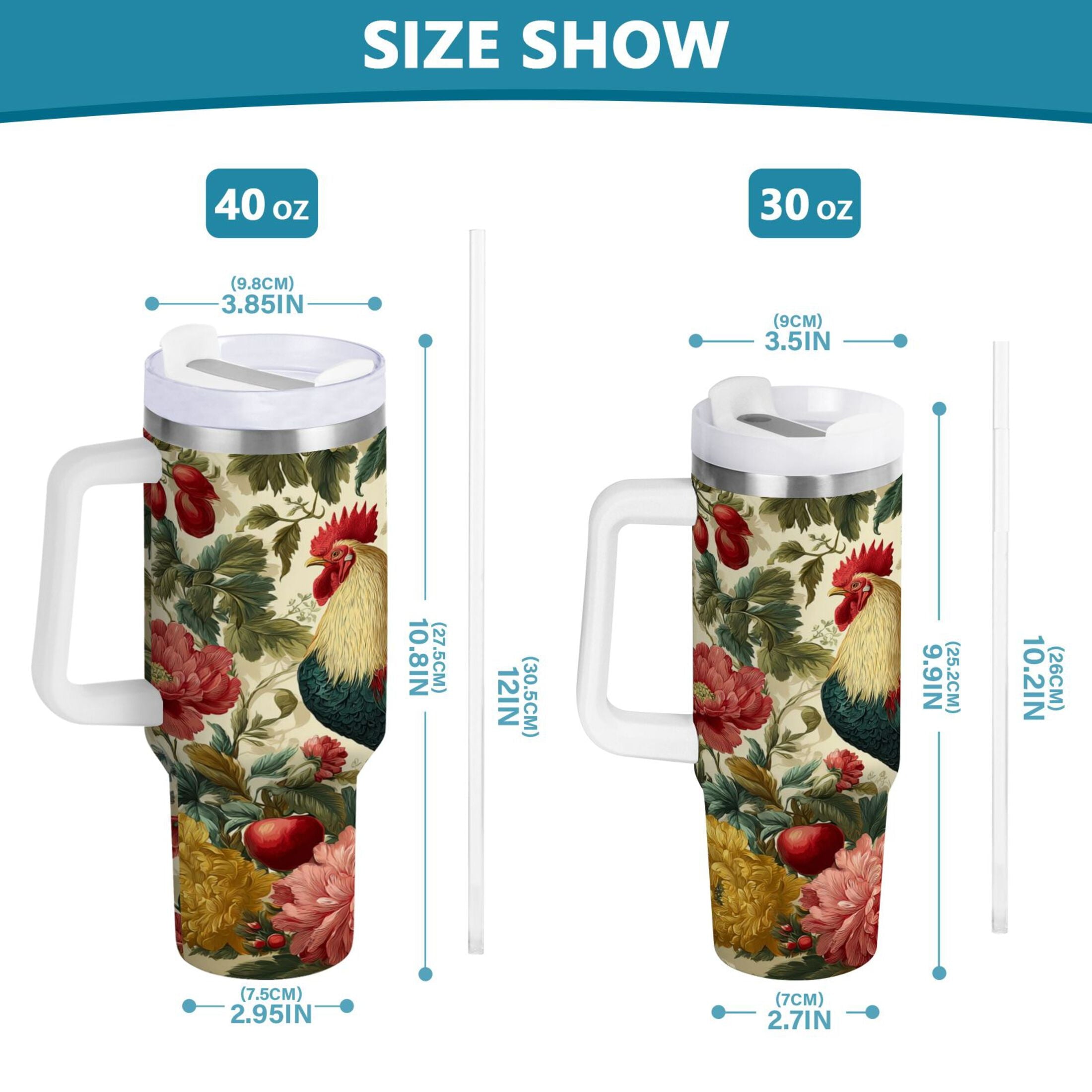 40 oz Insulated Stainless Steel Tumbler Double Wall Stainless Steel Tumbler with 2-Way Drinking Rooster and Vintage Floral - 9KKT