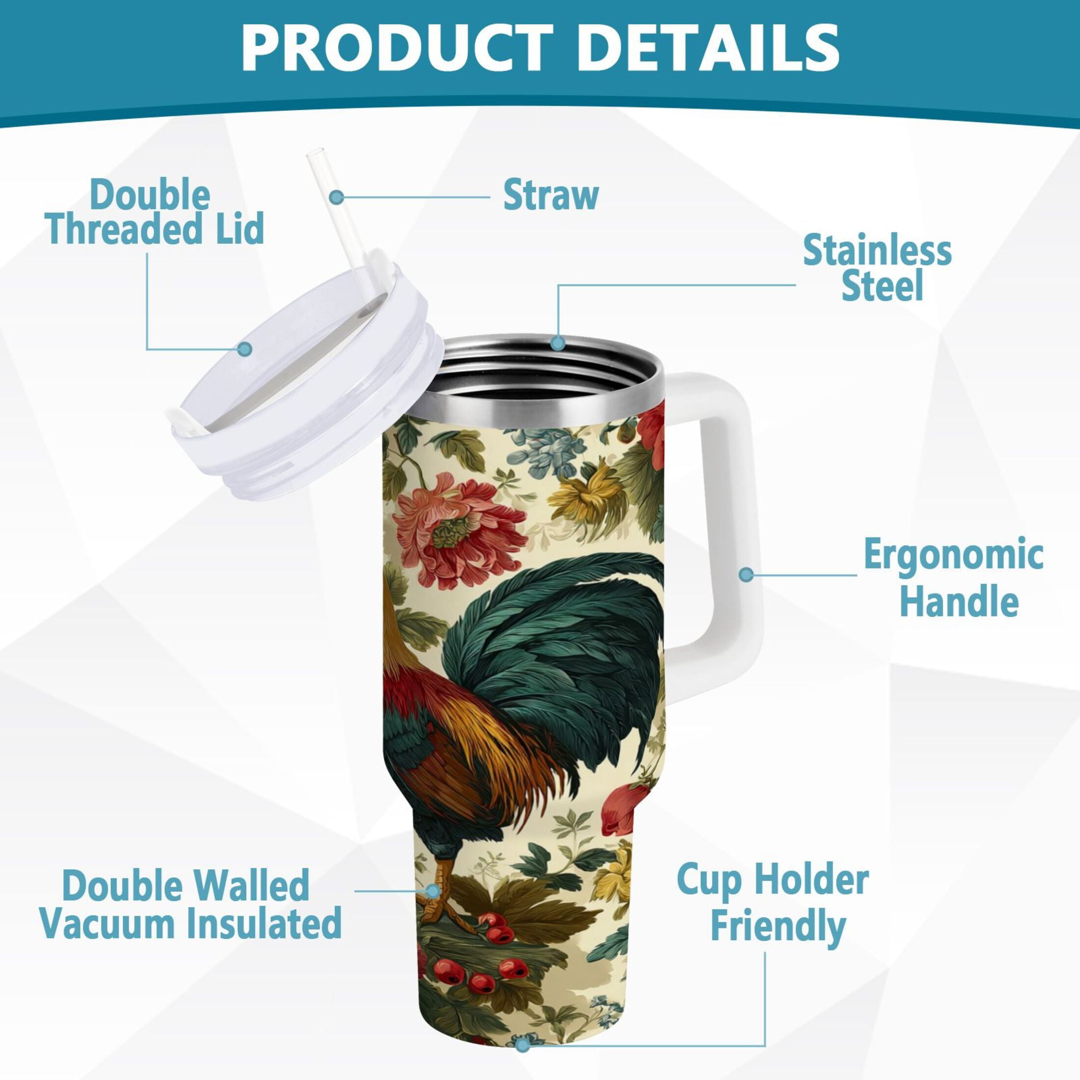 40 oz Insulated Stainless Steel Tumbler Double Wall Stainless Steel Tumbler with 2-Way Drinking Rooster and Vintage Floral - 9KKT