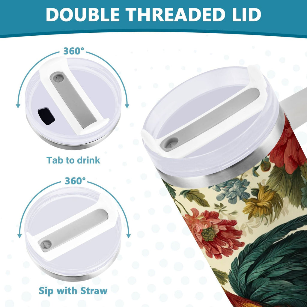 40 oz Insulated Stainless Steel Tumbler Double Wall Stainless Steel Tumbler with 2-Way Drinking Rooster and Vintage Floral - 9KKT