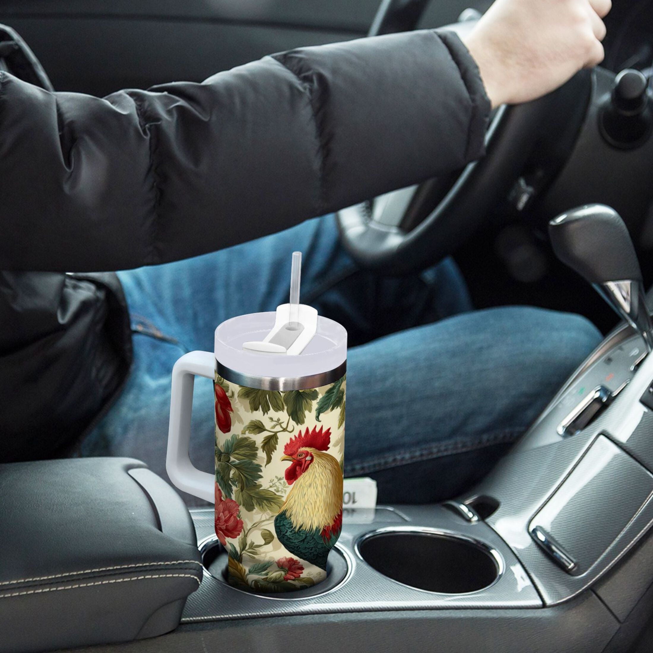 40 oz Insulated Stainless Steel Tumbler Double Wall Stainless Steel Tumbler with 2-Way Drinking Rooster and Vintage Floral - 9KKT