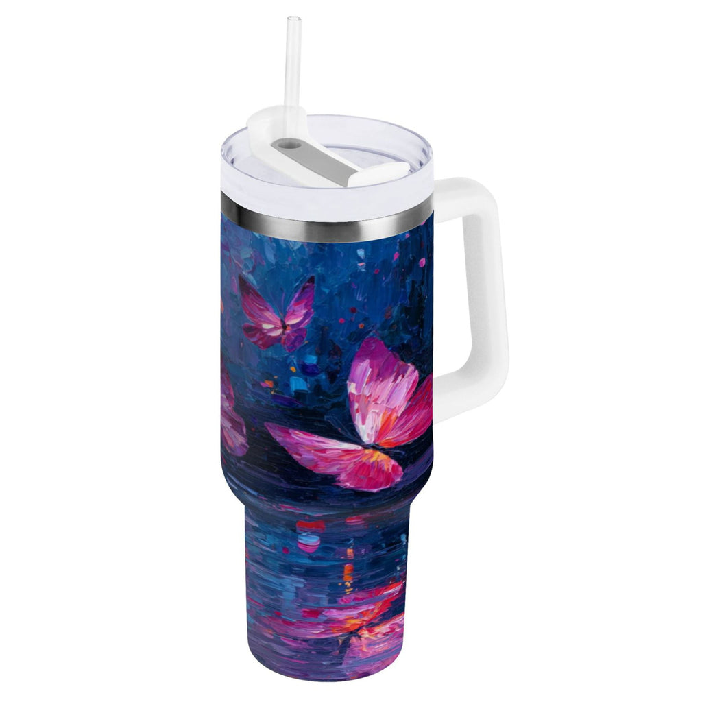 40 oz Insulated Stainless Steel Tumbler Double Wall Stainless Steel Tumbler with 2-Way Drinking Night Scene and Butterflies - 11X5