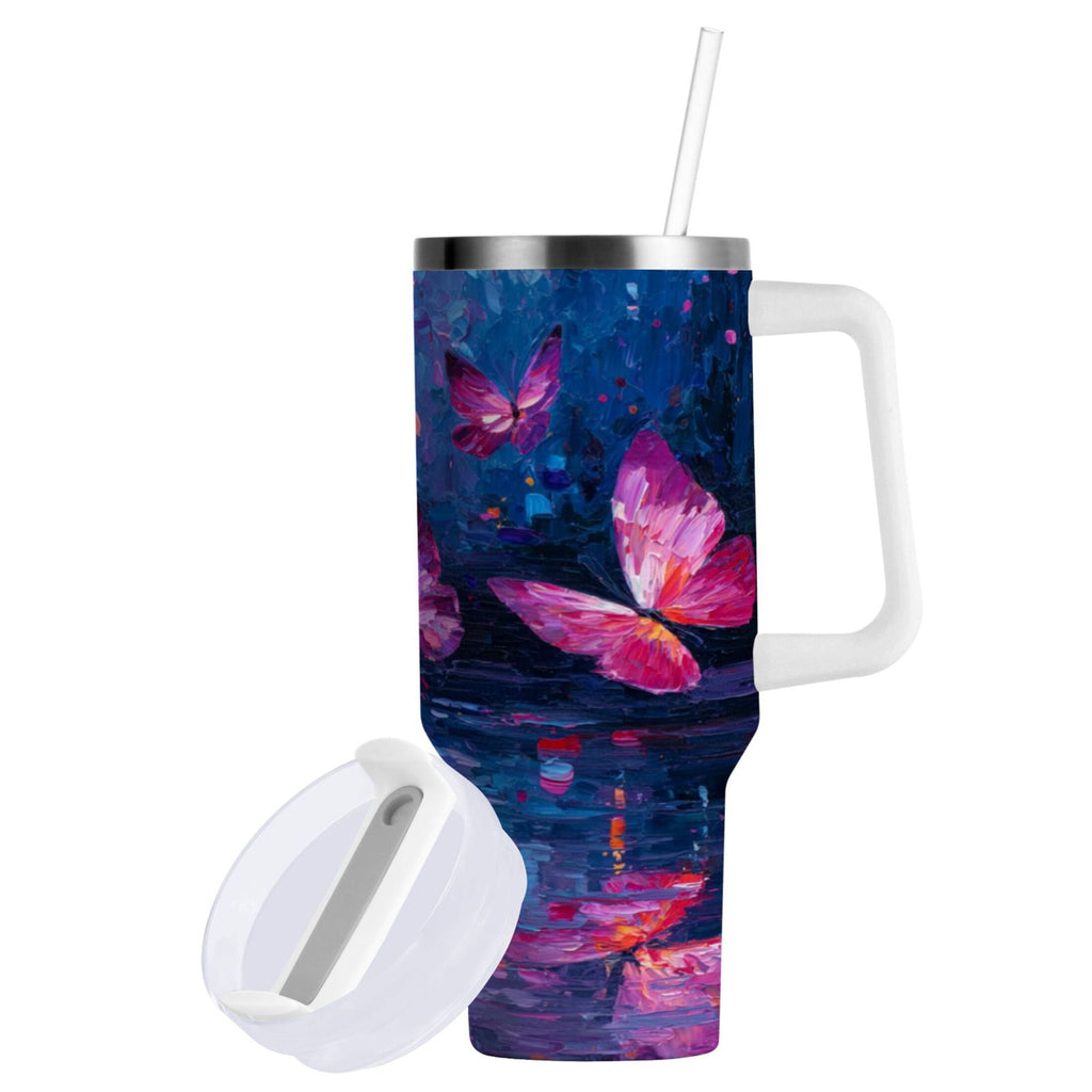 40 oz Insulated Stainless Steel Tumbler Double Wall Stainless Steel Tumbler with 2-Way Drinking Night Scene and Butterflies - 11X5
