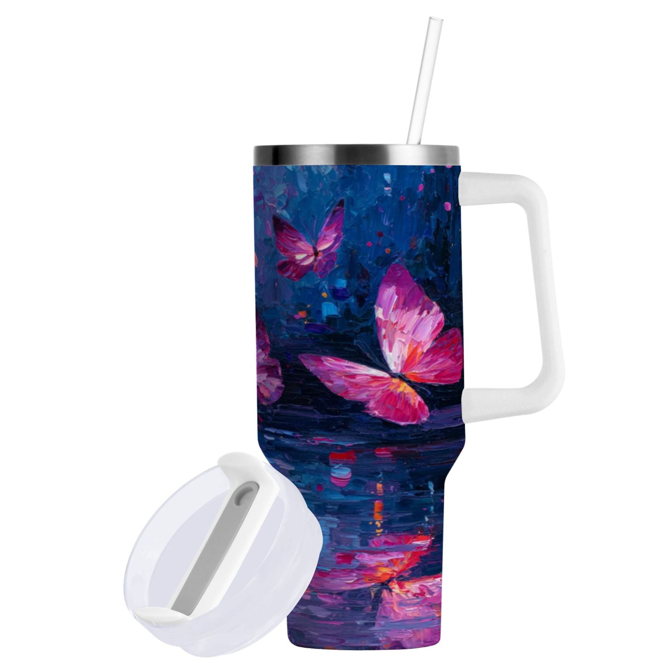 40 oz Insulated Stainless Steel Tumbler Double Wall Stainless Steel Tumbler with 2-Way Drinking Night Scene and Butterflies - 11X5