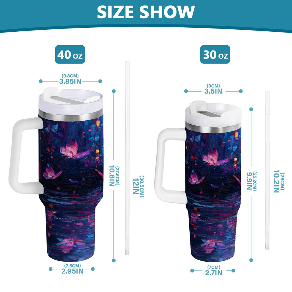 40 oz Insulated Stainless Steel Tumbler Double Wall Stainless Steel Tumbler with 2-Way Drinking Night Scene and Butterflies - 11X5