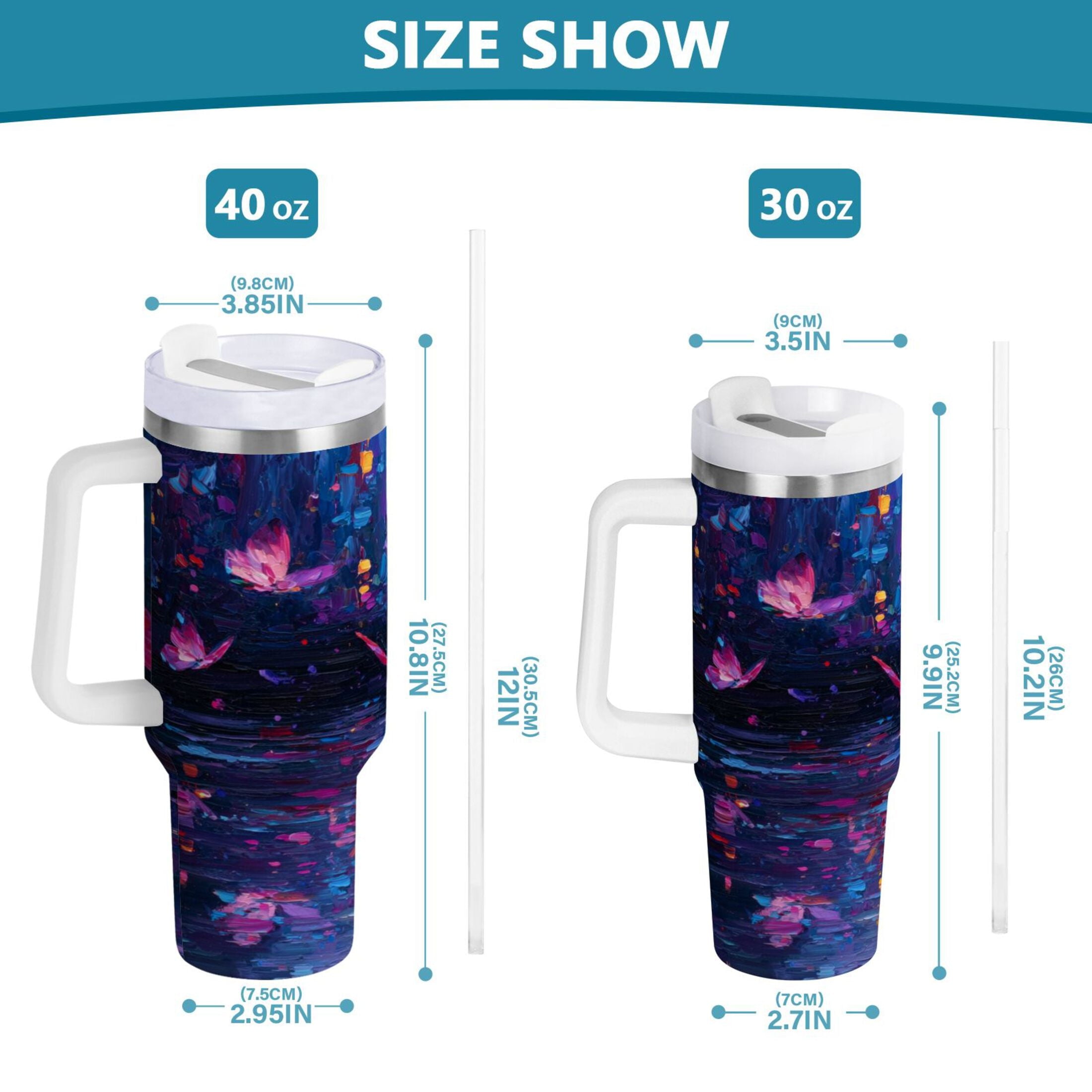 40 oz Insulated Stainless Steel Tumbler Double Wall Stainless Steel Tumbler with 2-Way Drinking Night Scene and Butterflies - 11X5