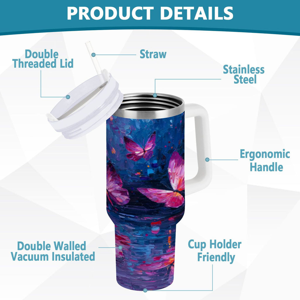40 oz Insulated Stainless Steel Tumbler Double Wall Stainless Steel Tumbler with 2-Way Drinking Night Scene and Butterflies - 11X5