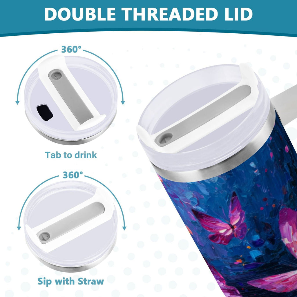 40 oz Insulated Stainless Steel Tumbler Double Wall Stainless Steel Tumbler with 2-Way Drinking Night Scene and Butterflies - 11X5