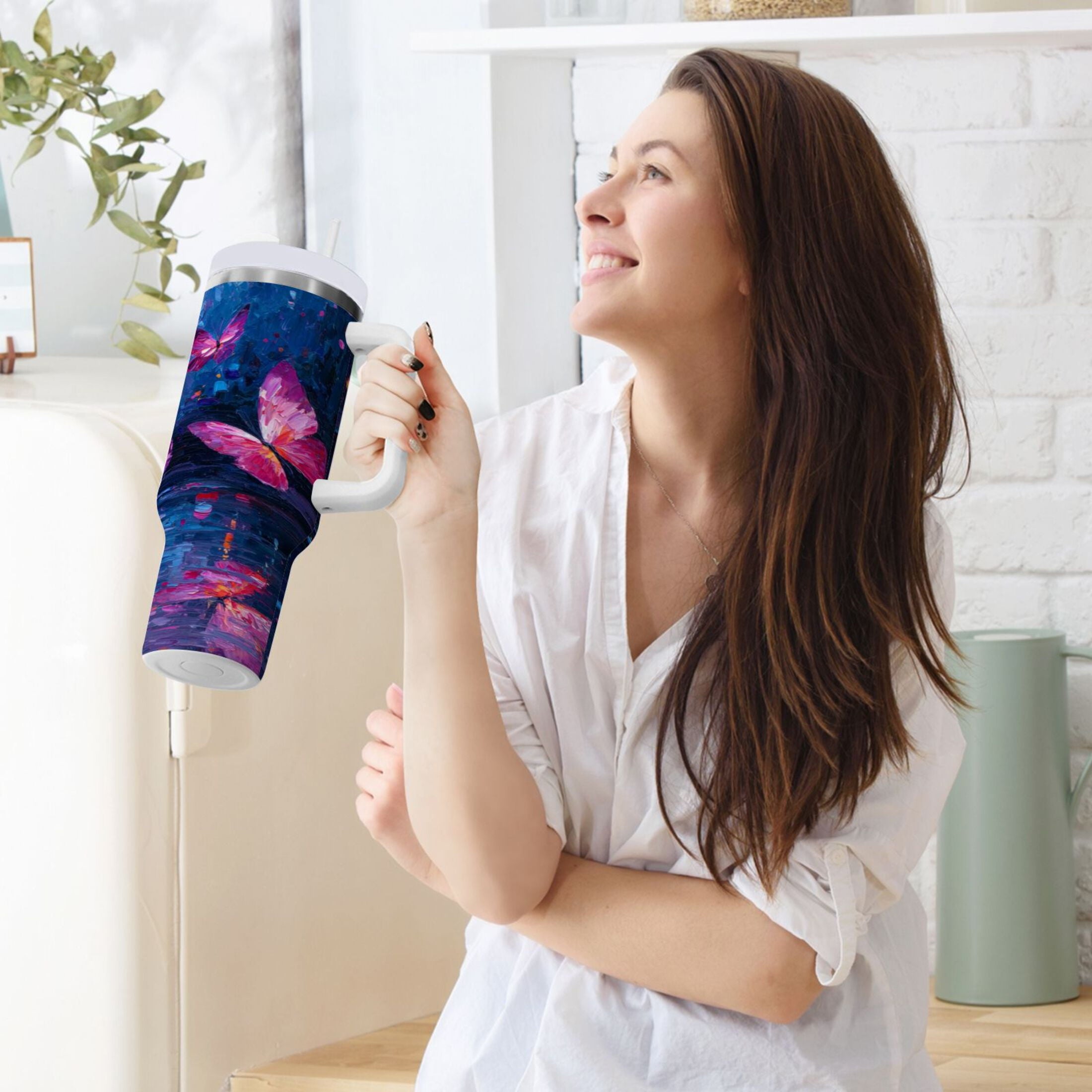 40 oz Insulated Stainless Steel Tumbler Double Wall Stainless Steel Tumbler with 2-Way Drinking Night Scene and Butterflies - 11X5