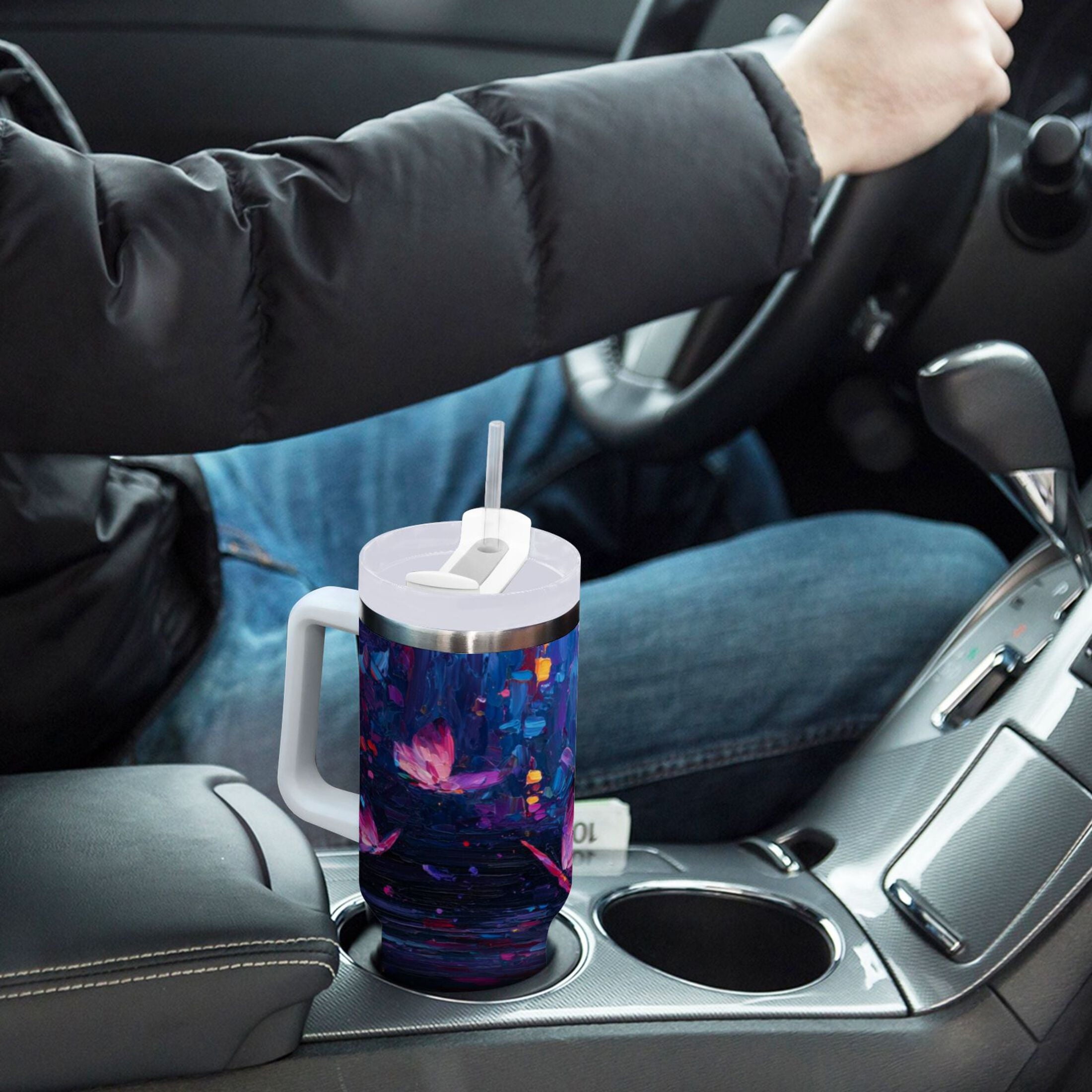 40 oz Insulated Stainless Steel Tumbler Double Wall Stainless Steel Tumbler with 2-Way Drinking Night Scene and Butterflies - 11X5