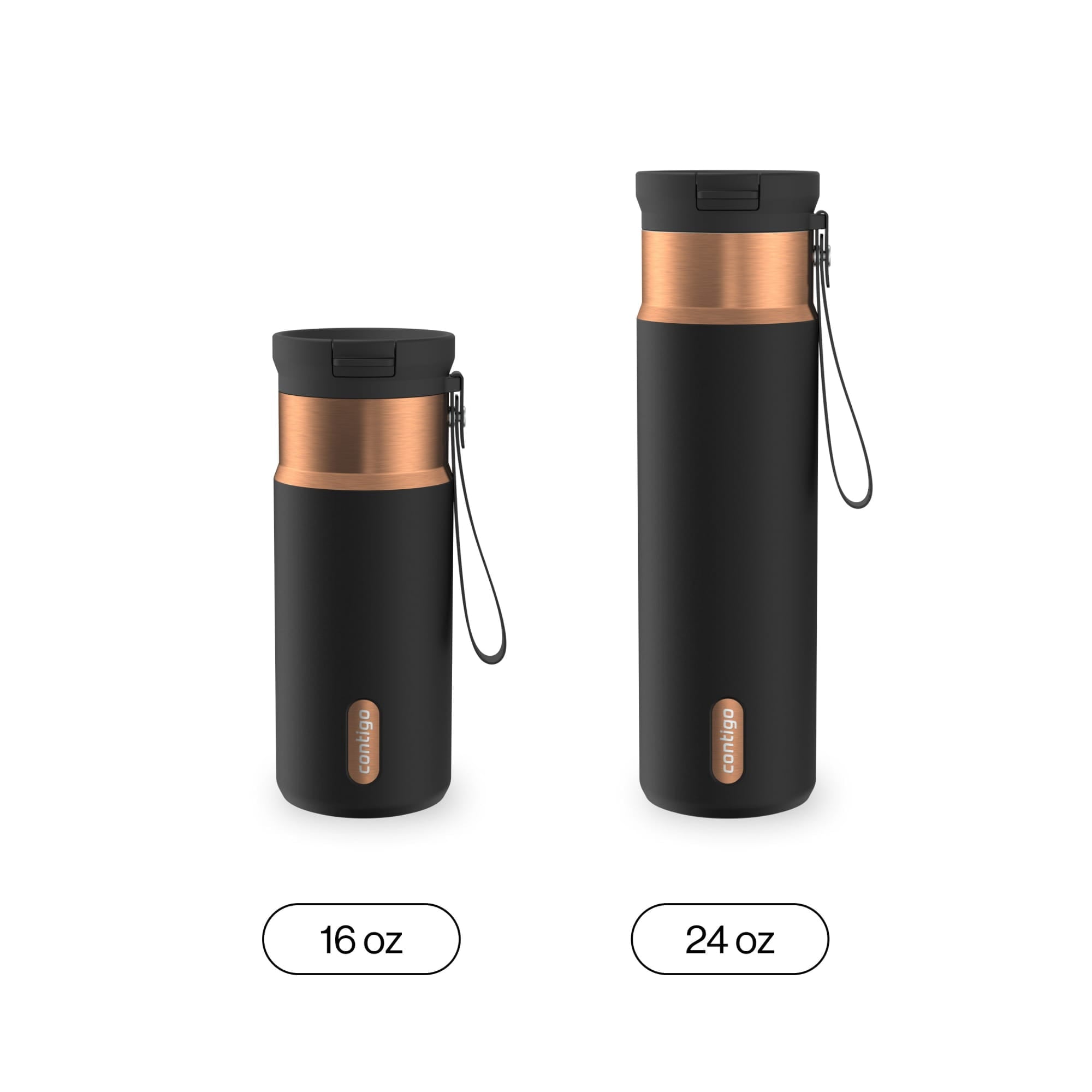 Contigo SnapSeal Leakproof Stainless Steel Reusable Water Bottle with Carrying Strap, Black/Bronze, 16 oz - 8WP9