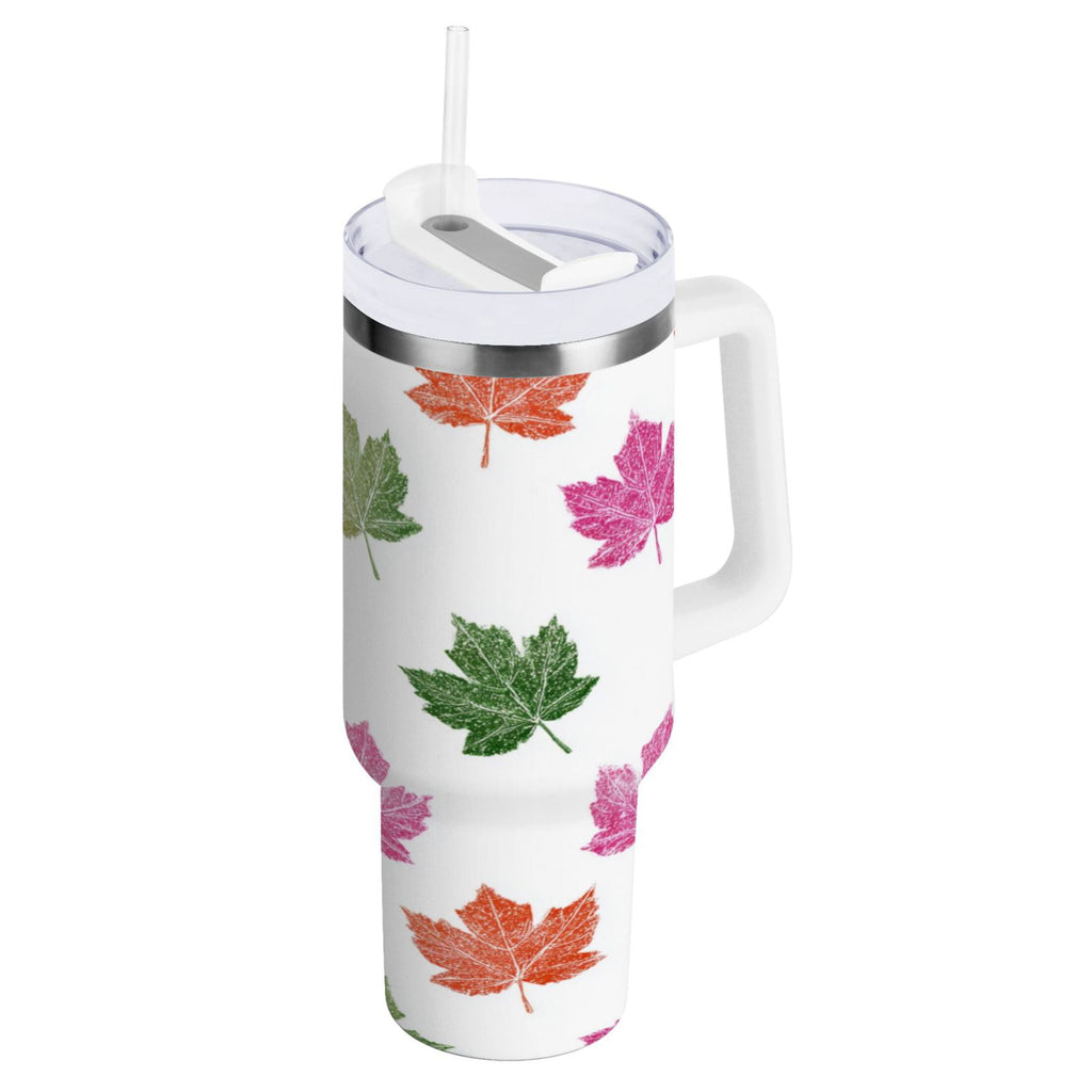 40 oz Insulated Stainless Steel Tumbler Double Wall Stainless Steel Tumbler with 2-Way Drinking Pink Maple Leaf - D5RS