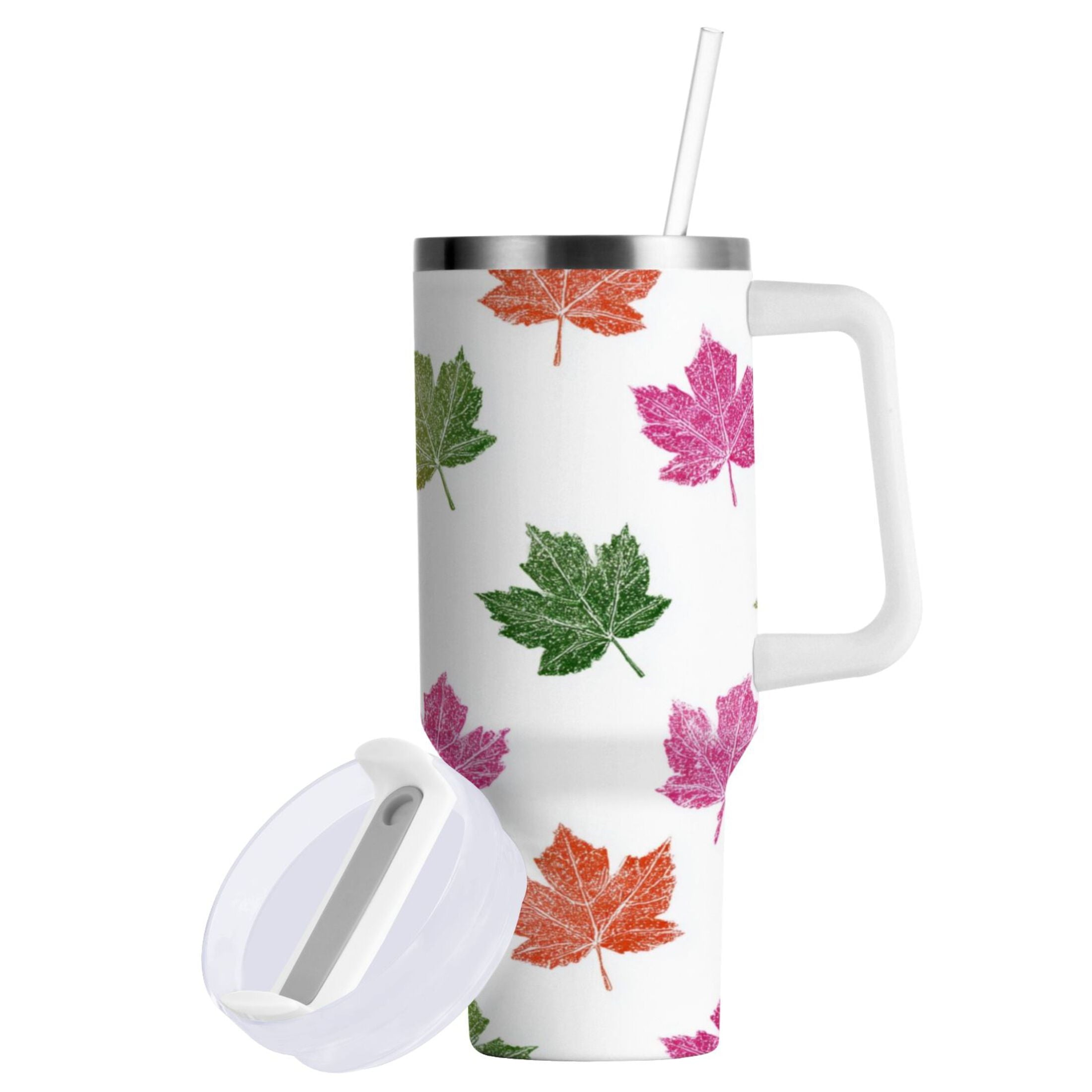 40 oz Insulated Stainless Steel Tumbler Double Wall Stainless Steel Tumbler with 2-Way Drinking Pink Maple Leaf - D5RS