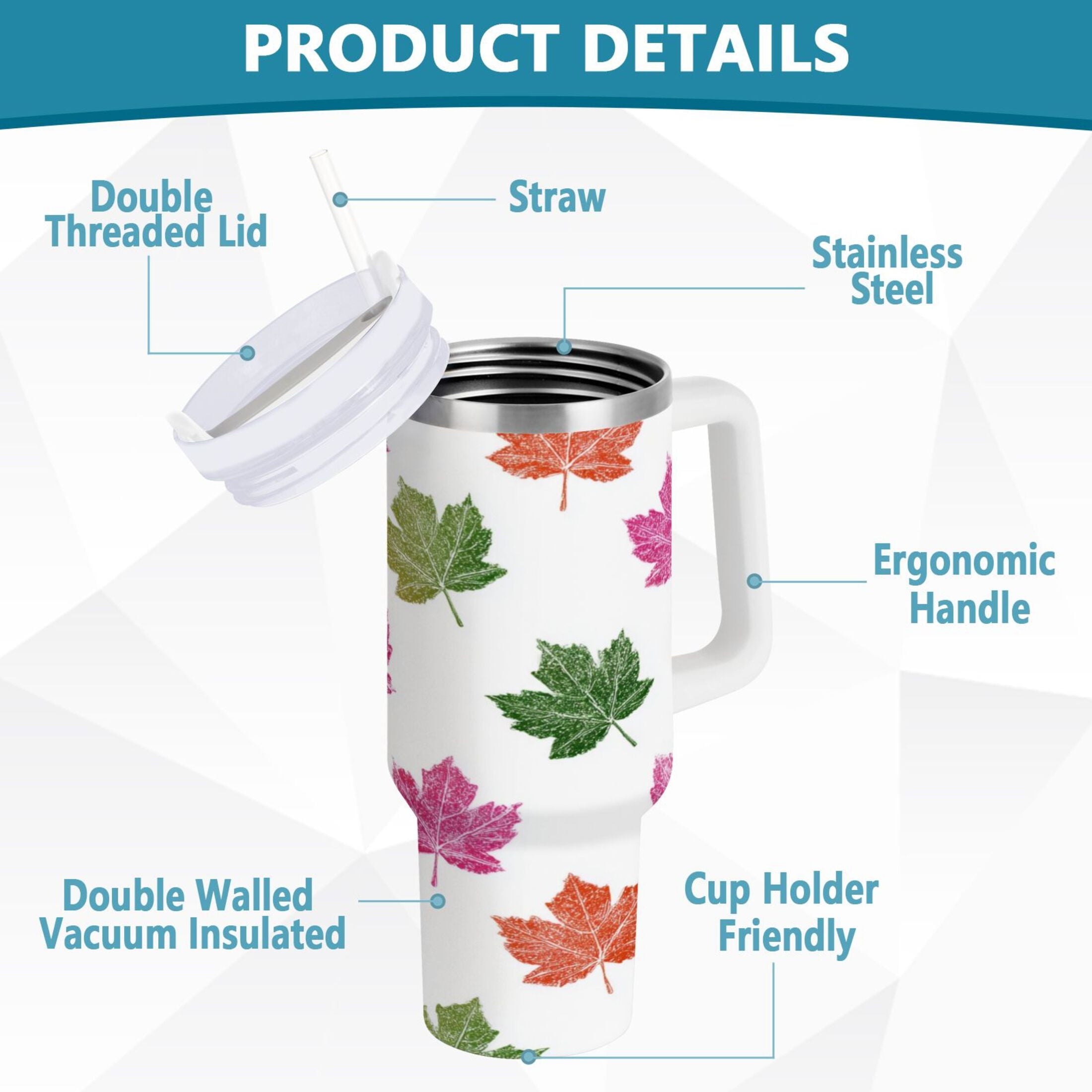 40 oz Insulated Stainless Steel Tumbler Double Wall Stainless Steel Tumbler with 2-Way Drinking Pink Maple Leaf - D5RS