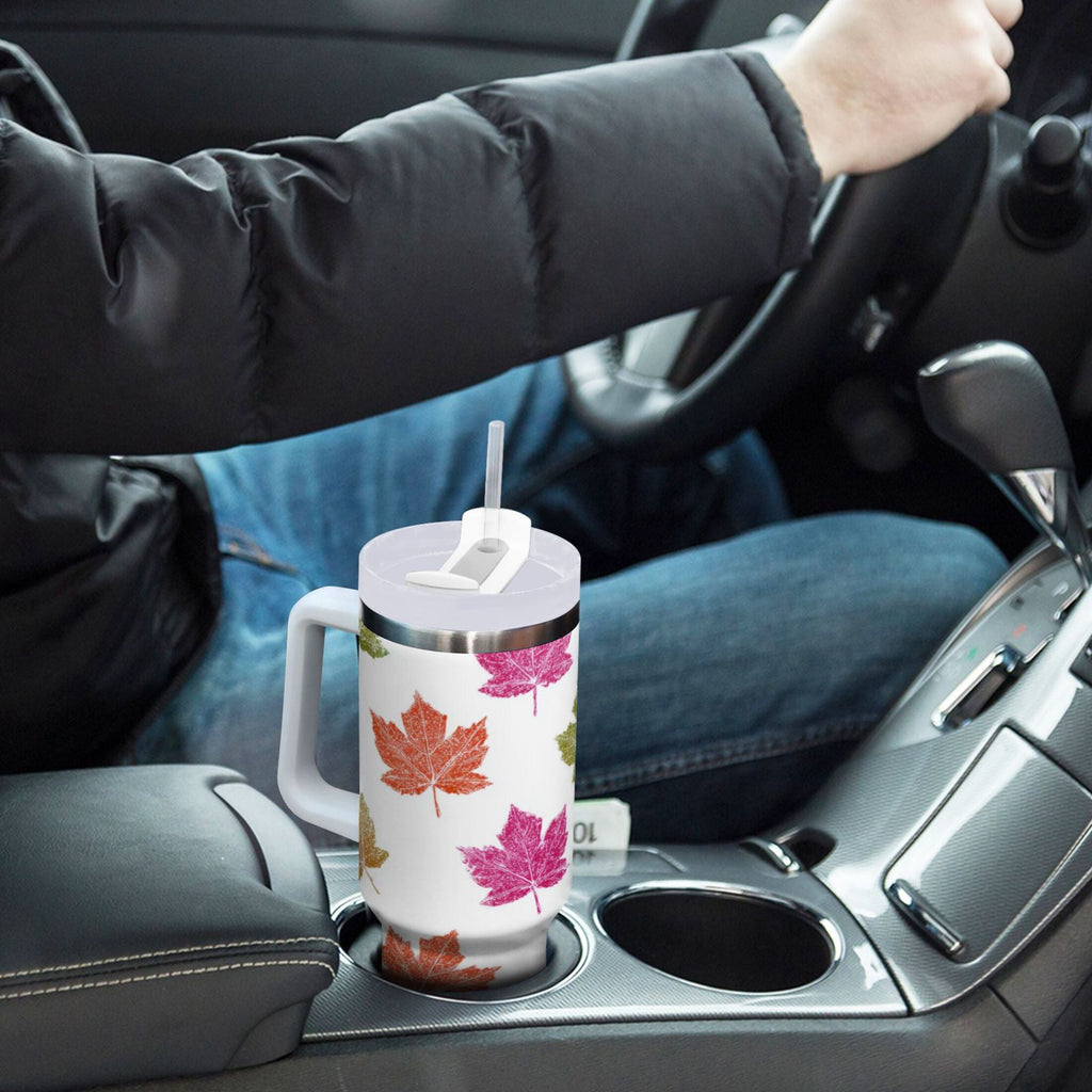 40 oz Insulated Stainless Steel Tumbler Double Wall Stainless Steel Tumbler with 2-Way Drinking Pink Maple Leaf - D5RS