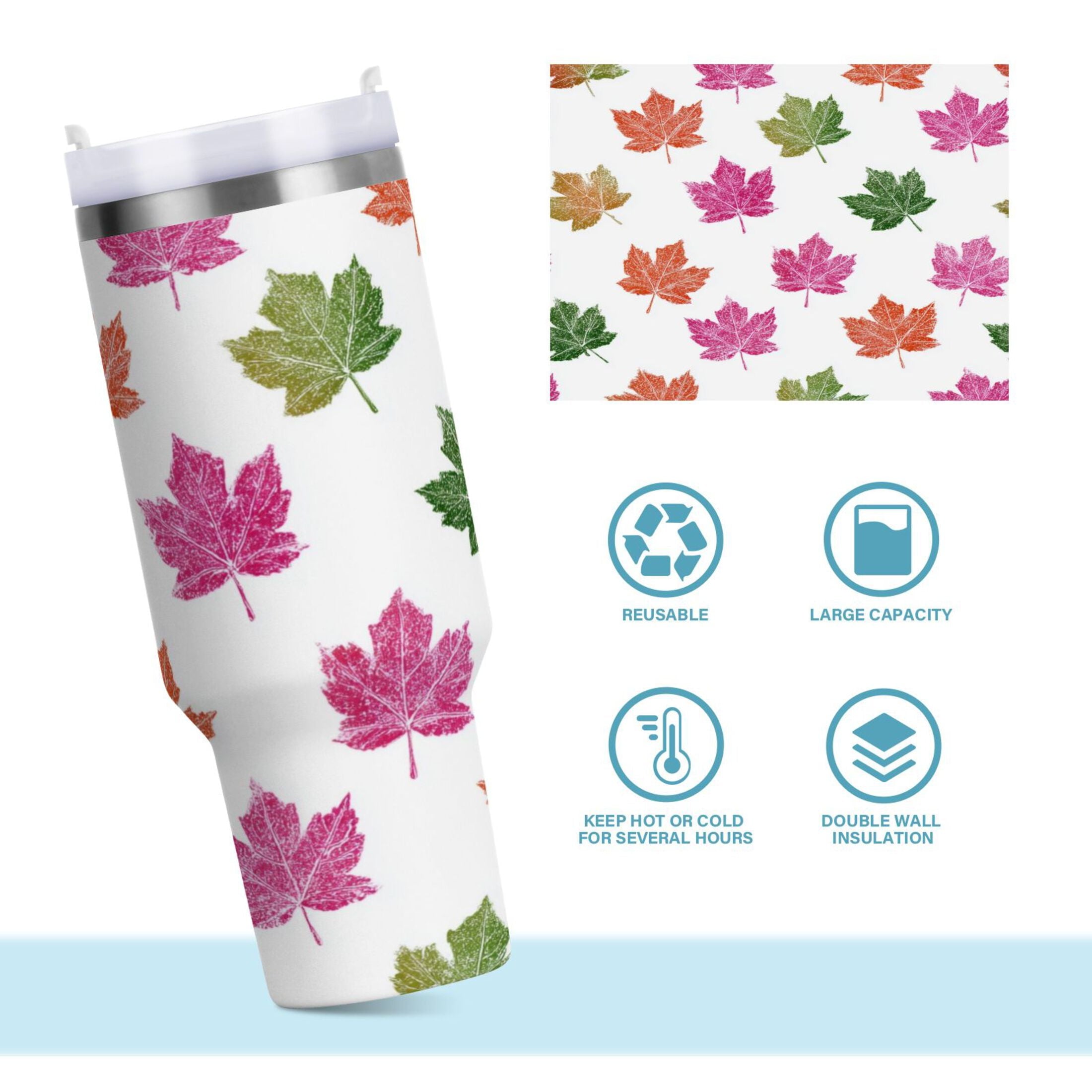 40 oz Insulated Stainless Steel Tumbler Double Wall Stainless Steel Tumbler with 2-Way Drinking Pink Maple Leaf - D5RS