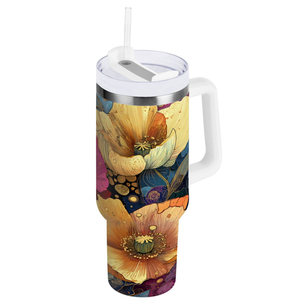 40 oz Insulated Stainless Steel Tumbler Double Wall Stainless Steel Tumbler with 2-Way Drinking Vibrant and Intricate Flowers - ZYBA