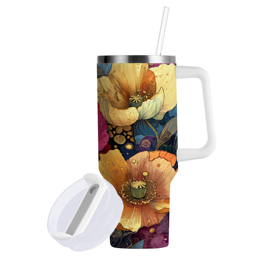 40 oz Insulated Stainless Steel Tumbler Double Wall Stainless Steel Tumbler with 2-Way Drinking Vibrant and Intricate Flowers - ZYBA