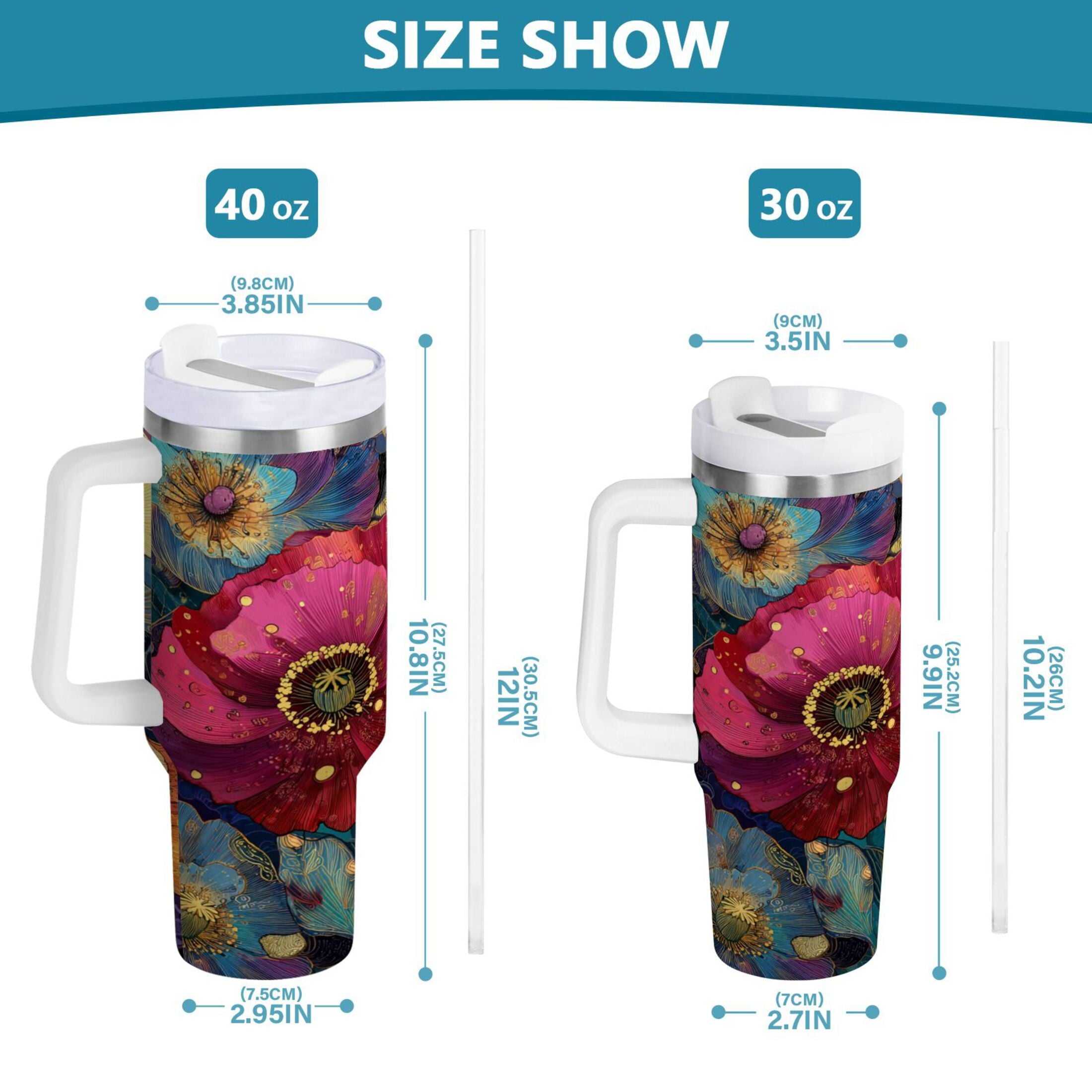40 oz Insulated Stainless Steel Tumbler Double Wall Stainless Steel Tumbler with 2-Way Drinking Vibrant and Intricate Flowers - ZYBA