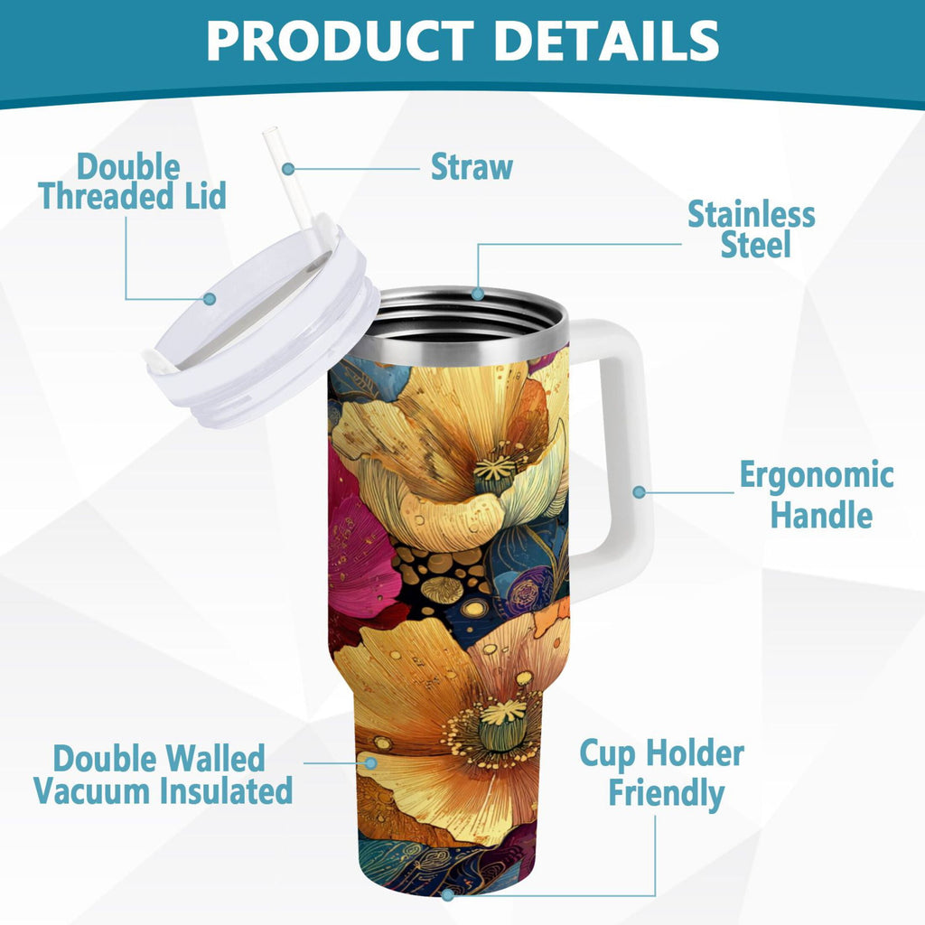 40 oz Insulated Stainless Steel Tumbler Double Wall Stainless Steel Tumbler with 2-Way Drinking Vibrant and Intricate Flowers - ZYBA