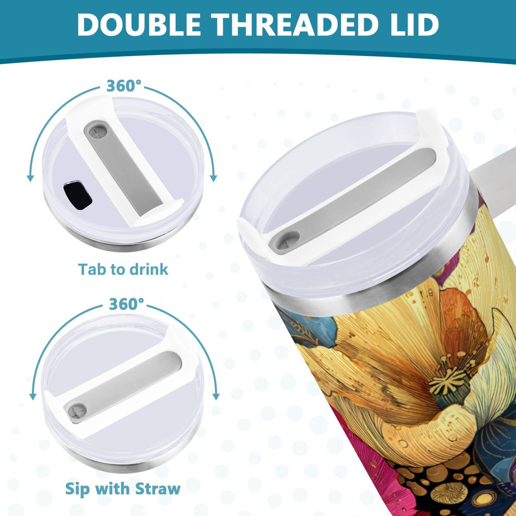 40 oz Insulated Stainless Steel Tumbler Double Wall Stainless Steel Tumbler with 2-Way Drinking Vibrant and Intricate Flowers - ZYBA