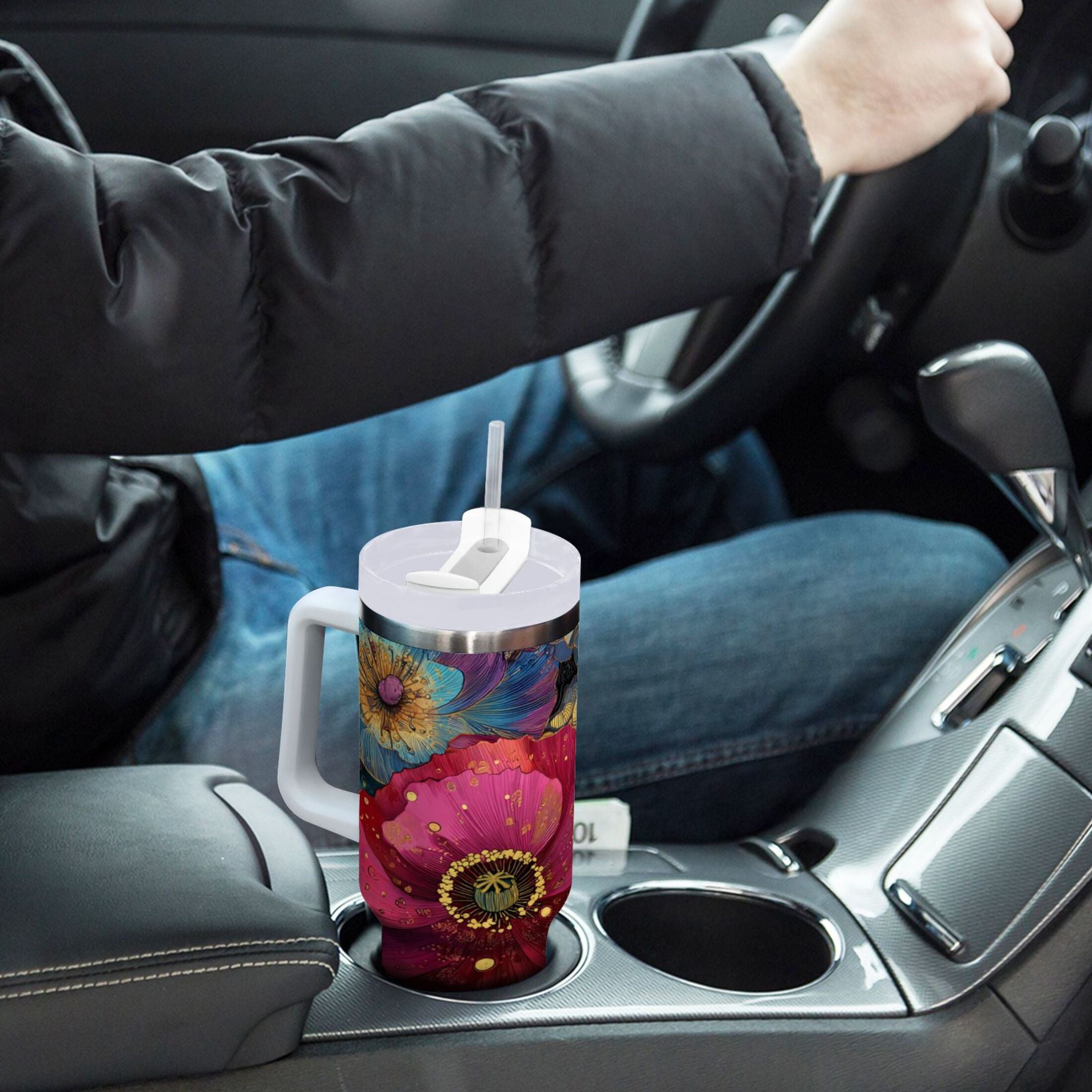 40 oz Insulated Stainless Steel Tumbler Double Wall Stainless Steel Tumbler with 2-Way Drinking Vibrant and Intricate Flowers - ZYBA