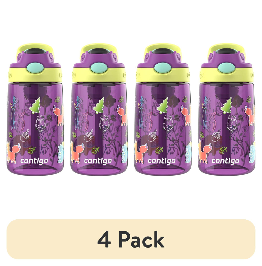 (4 pack) Contigo Kids Water Bottle with Redesigned AUTOSPOUT Straw, 14 oz, Grape Forest Haven - FUNH