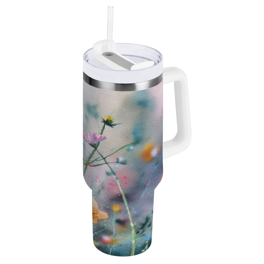 40 oz Insulated Stainless Steel Tumbler Double Wall Stainless Steel Tumbler with 2-Way Drinking Abstract Wildflowers - E6IR