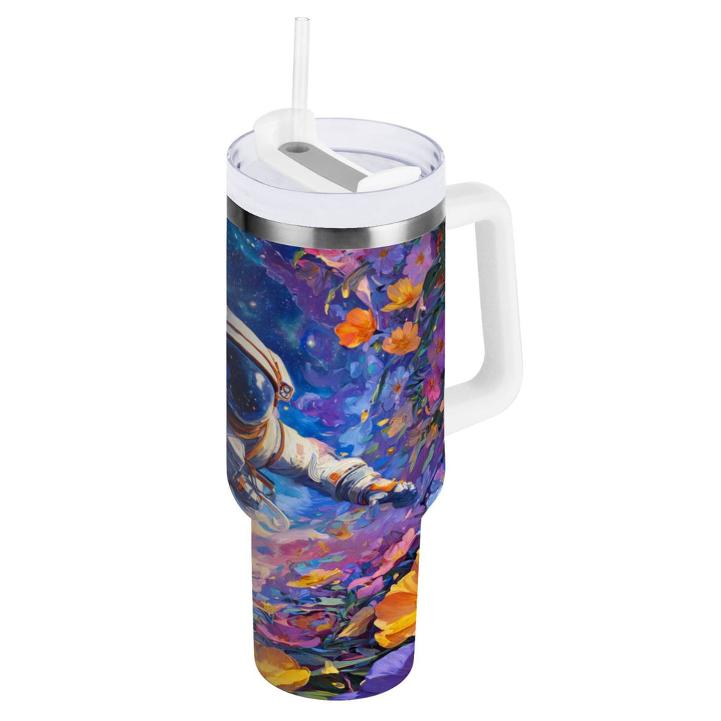 40 oz Insulated Stainless Steel Tumbler Double Wall Stainless Steel Tumbler with 2-Way Drinking Astronaut and Colorful Flowers - QD6W