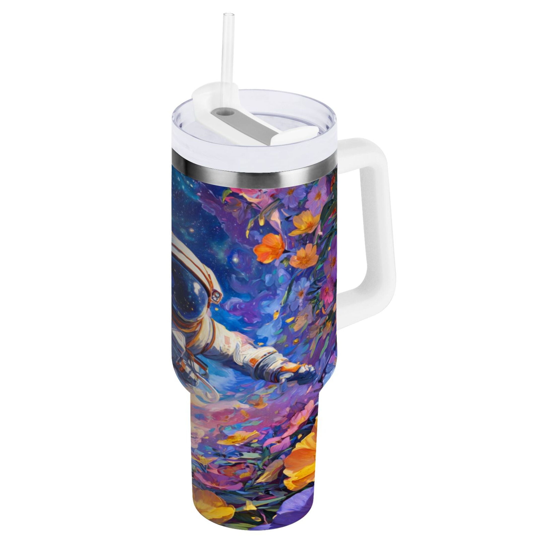 40 oz Insulated Stainless Steel Tumbler Double Wall Stainless Steel Tumbler with 2-Way Drinking Astronaut and Colorful Flowers - QD6W