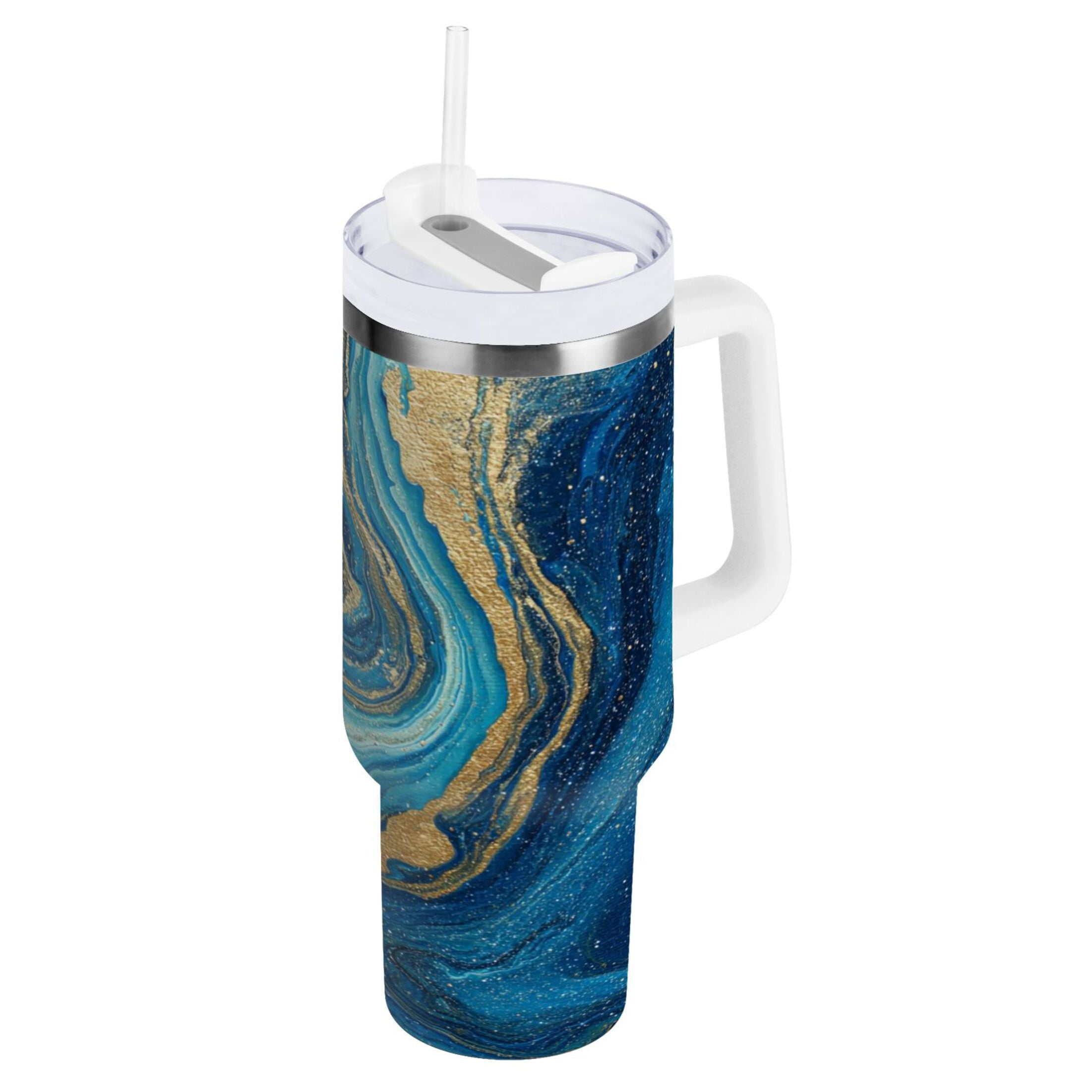 30 oz Insulated Stainless Steel Tumbler Double Wall Stainless Steel Tumbler with 2-Way Drinking Blue and Gold Ocean - JDUF