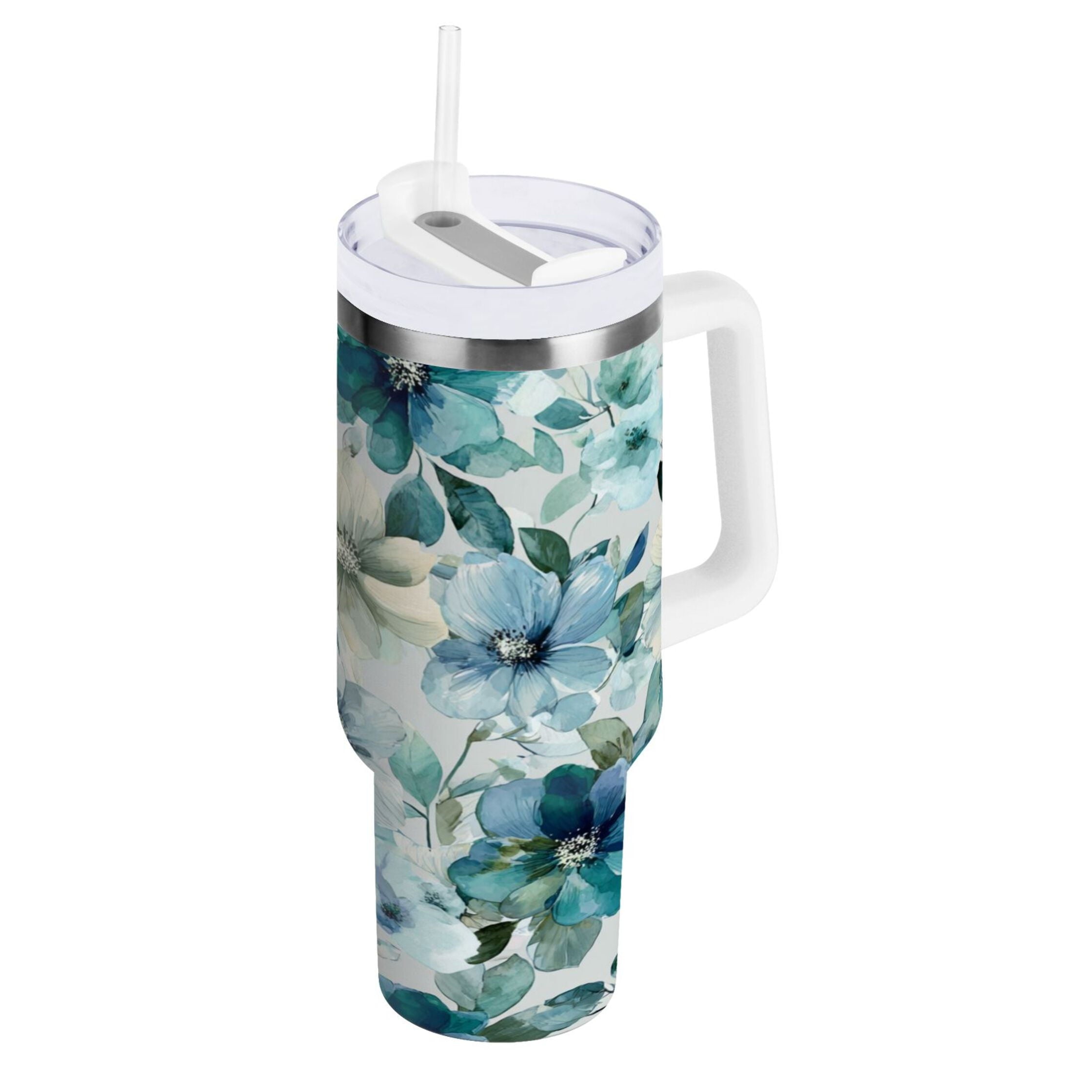 30 oz Insulated Stainless Steel Tumbler Double Wall Stainless Steel Tumbler with 2-Way Drinking Blue and Green Flowers - ZEJO