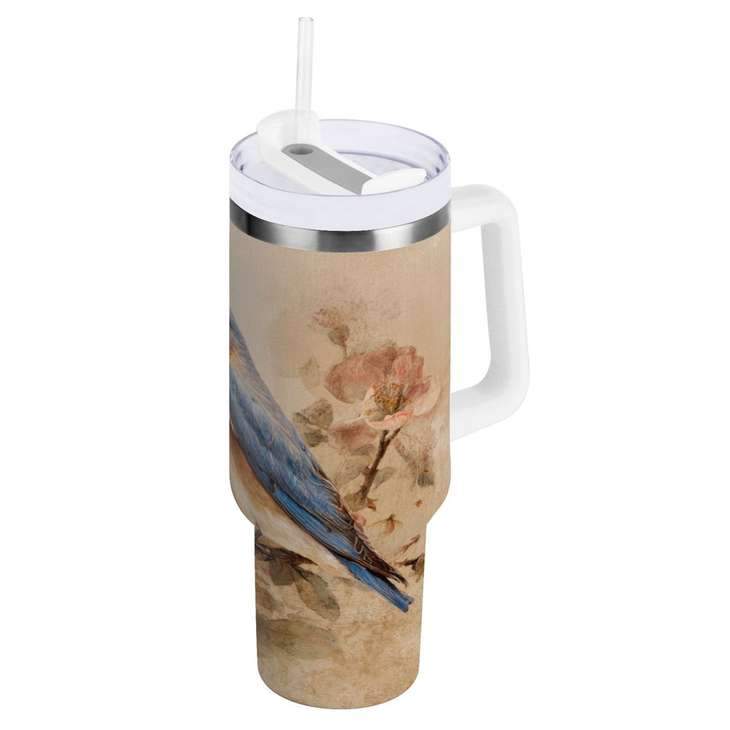 40 oz Insulated Stainless Steel Tumbler Double Wall Stainless Steel Tumbler with 2-Way Drinking Bluebird and Ancient Flowers - TNYY