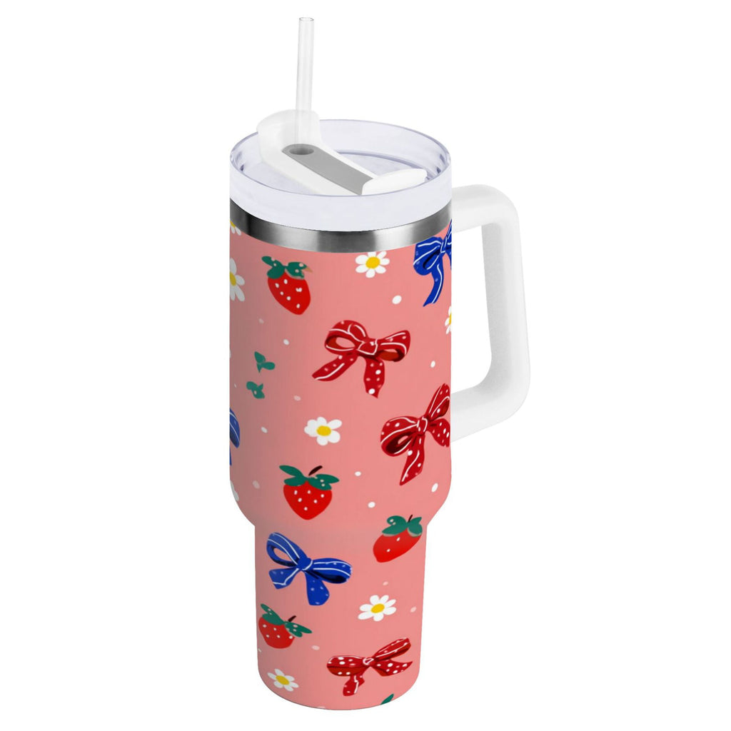 40 oz Insulated Stainless Steel Tumbler Double Wall Stainless Steel Tumbler with 2-Way Drinking Bows and Strawberries Pattern - G1UI