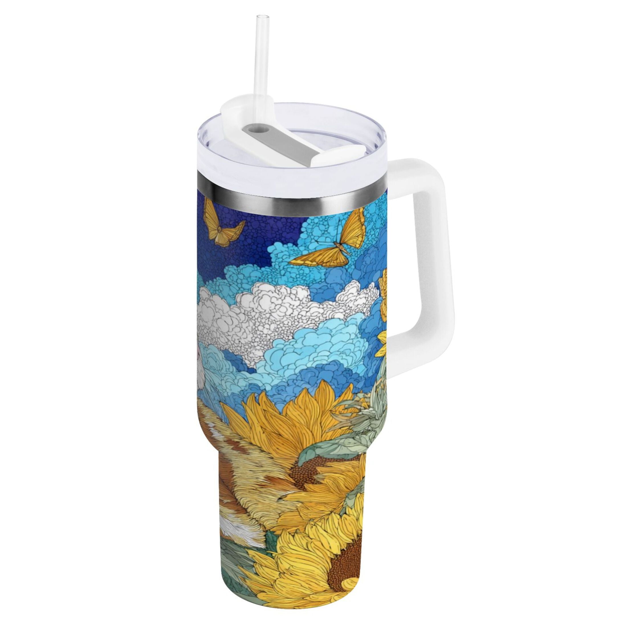 40 oz Insulated Stainless Steel Tumbler Double Wall Stainless Steel Tumbler with 2-Way Drinking Cat Lies in The Sunflowers - T6CX
