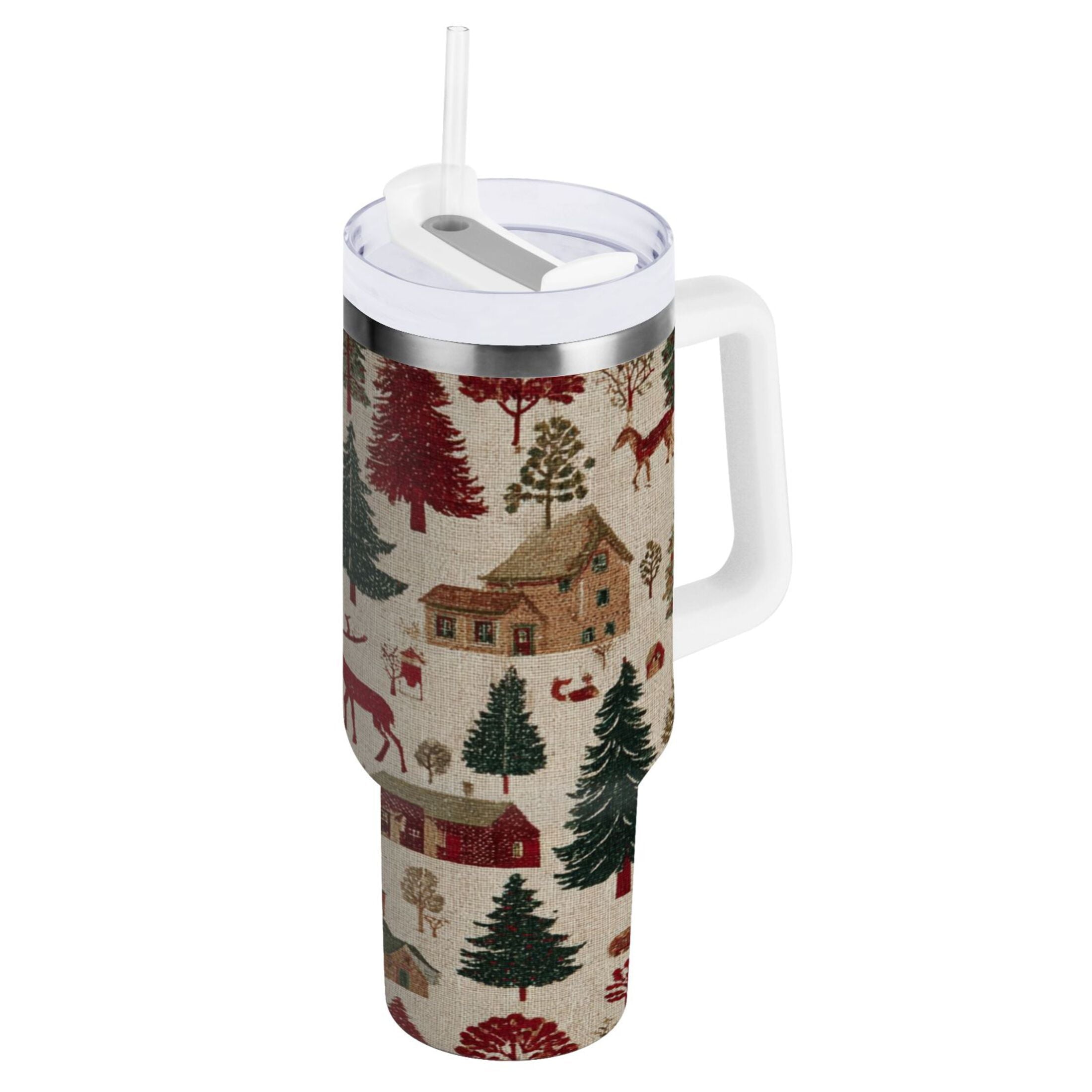 30 oz Insulated Stainless Steel Tumbler Double Wall Stainless Steel Tumbler with 2-Way Drinking Christmas Trees Deer and Houses - NPZW