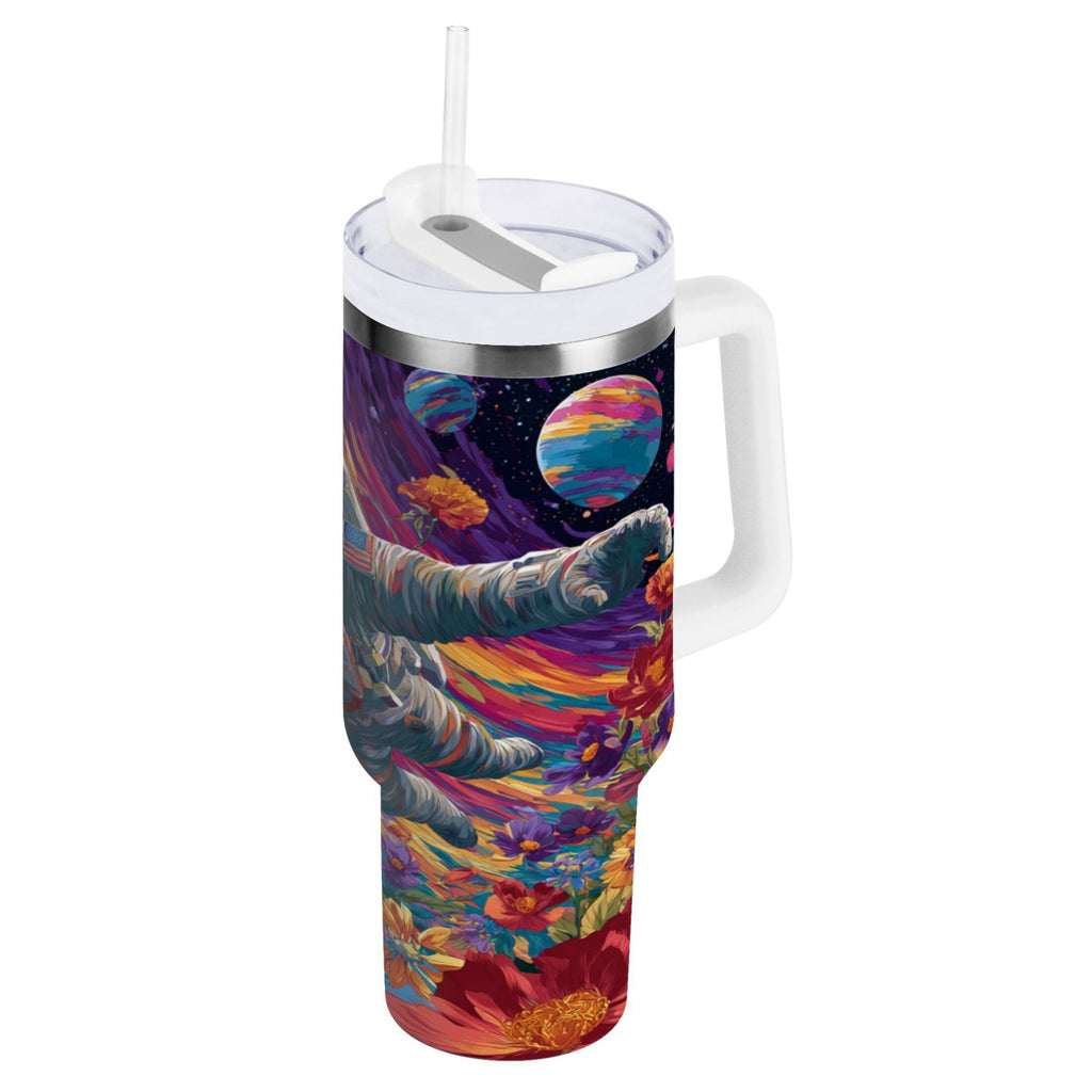 40 oz Insulated Stainless Steel Tumbler Double Wall Stainless Steel Tumbler with 2-Way Drinking Colorful Flowers and Planets - 1UM4