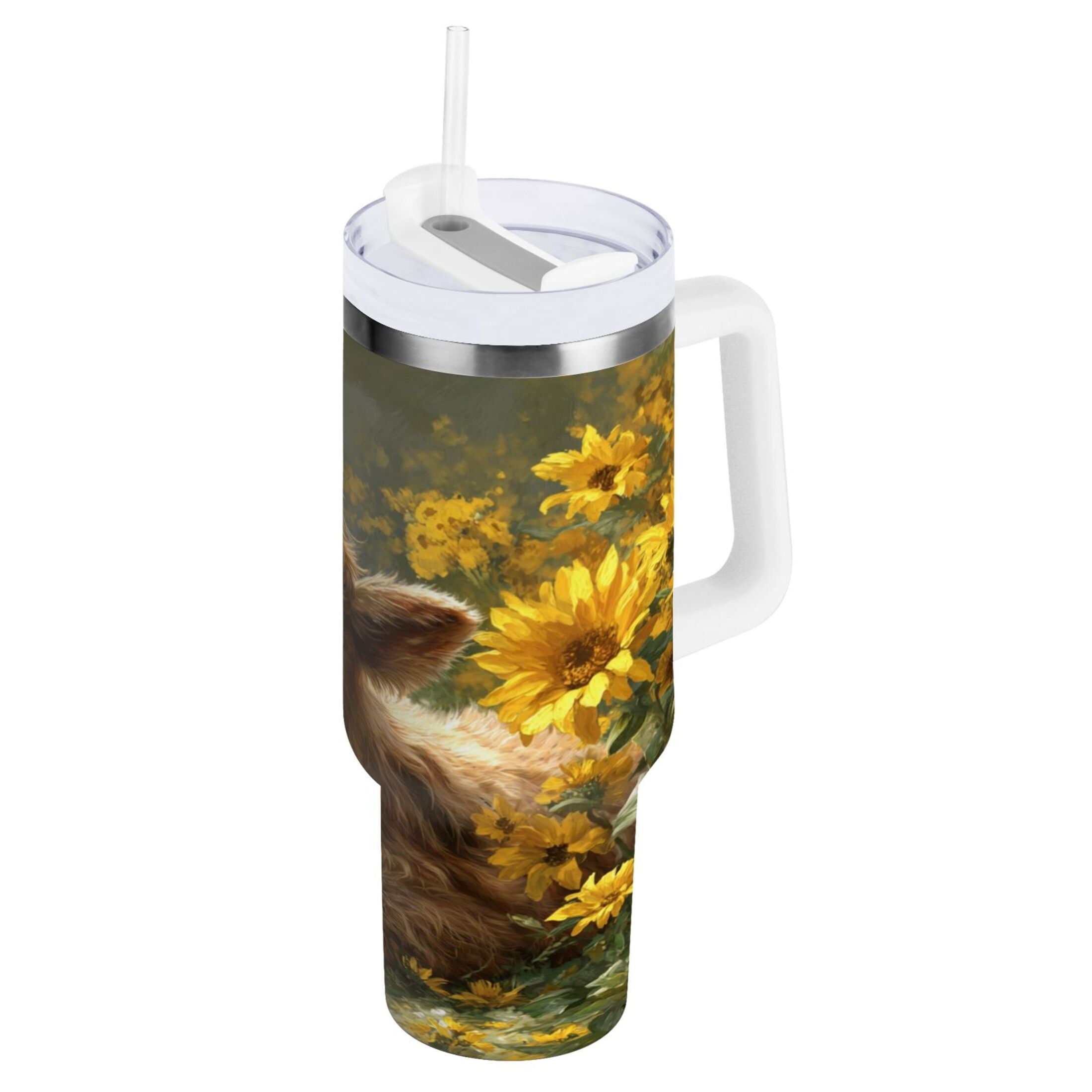 40 oz Insulated Stainless Steel Tumbler Double Wall Stainless Steel Tumbler with 2-Way Drinking Cow Lying in Sunflowers - WSHB