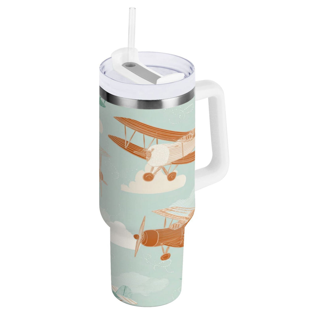 40 oz Insulated Stainless Steel Tumbler Double Wall Stainless Steel Tumbler with 2-Way Drinking Cute Airplanes - DWR7