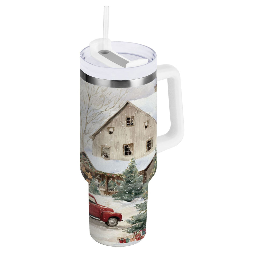 40 oz Insulated Stainless Steel Tumbler Double Wall Stainless Steel Tumbler with 2-Way Drinking Farm Snow Scene - PNK0