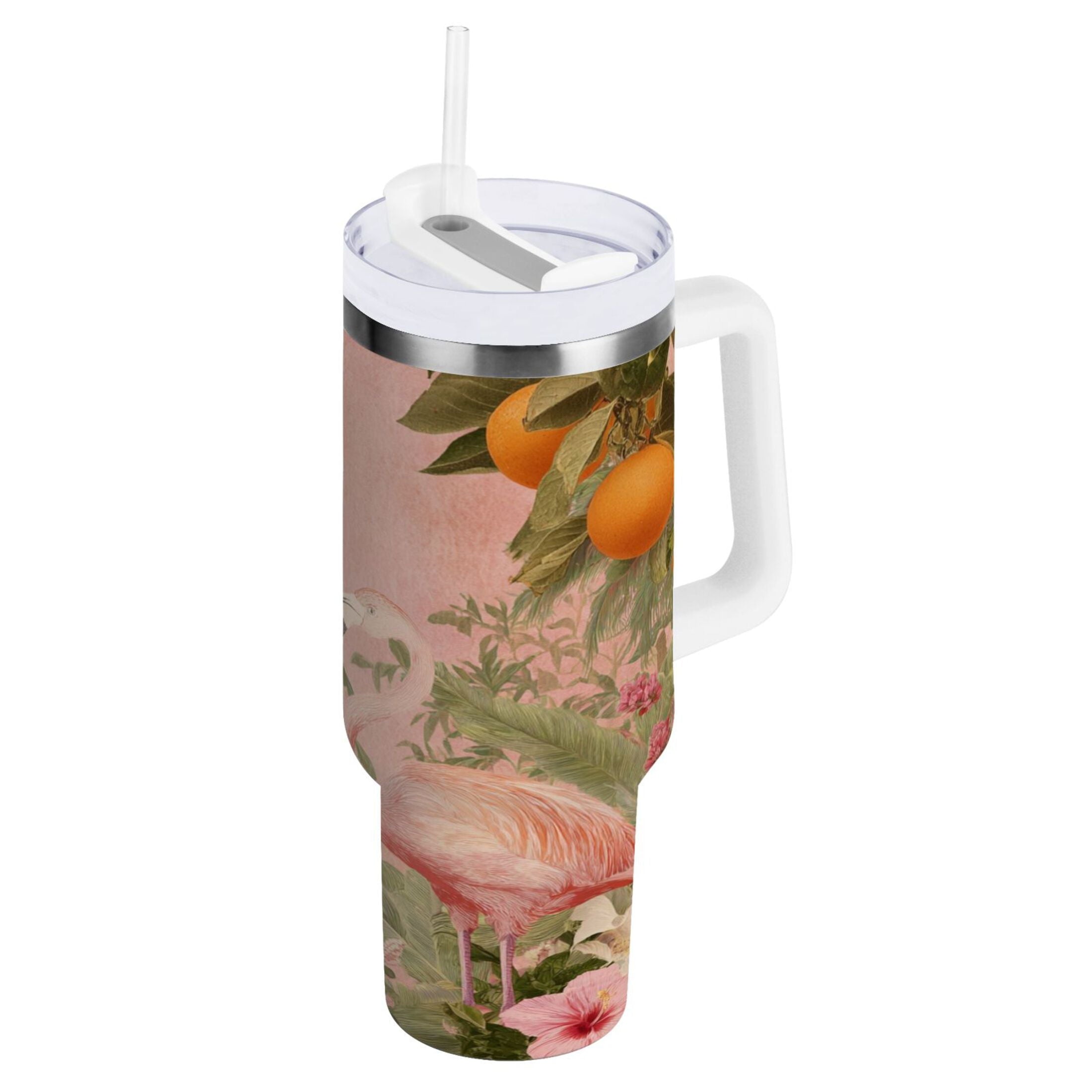 40 oz Insulated Stainless Steel Tumbler Double Wall Stainless Steel Tumbler with 2-Way Drinking Flamingos in Tropical Garden - D7N9