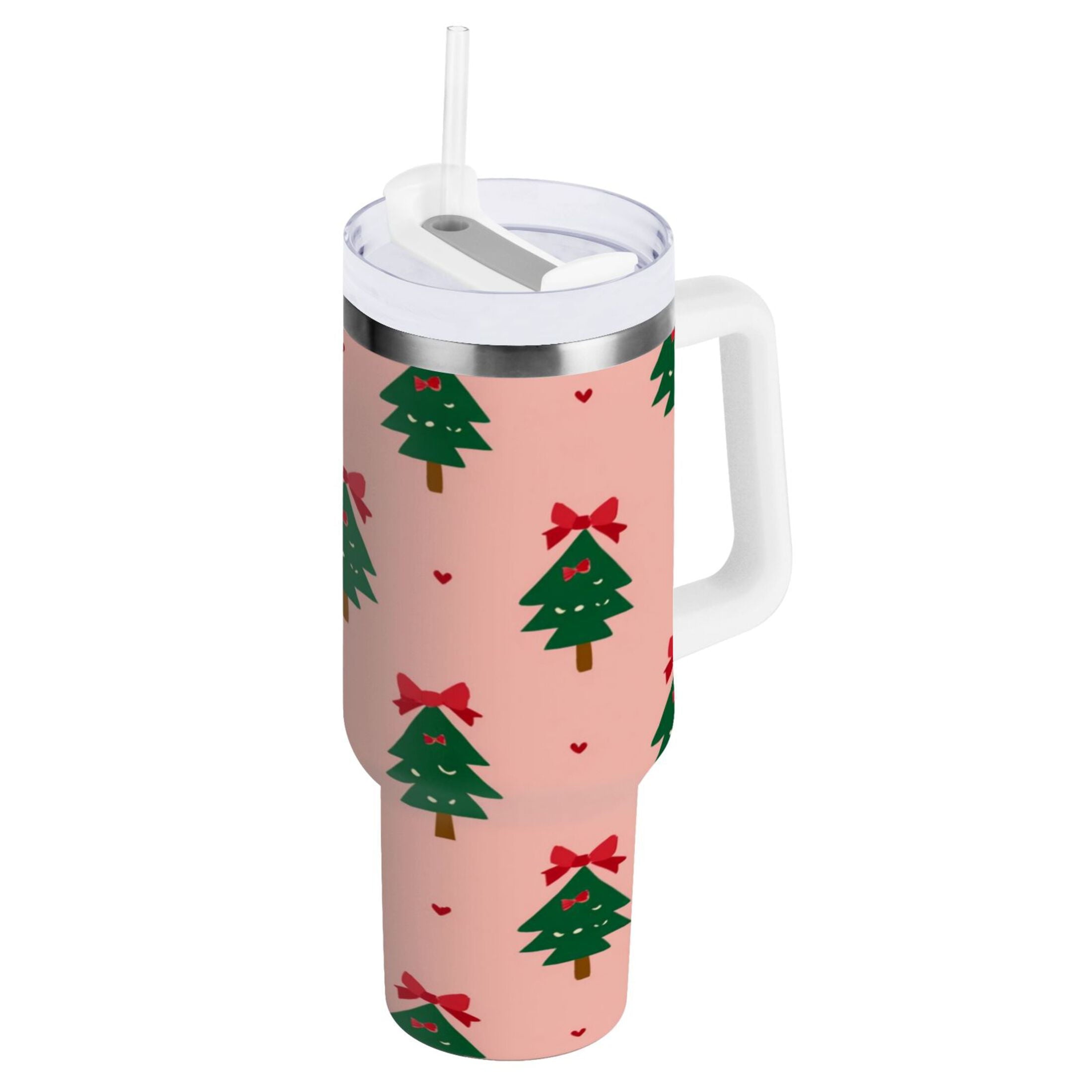 40 oz Insulated Stainless Steel Tumbler Double Wall Stainless Steel Tumbler with 2-Way Drinking Green Trees and Red Bows - KEAC