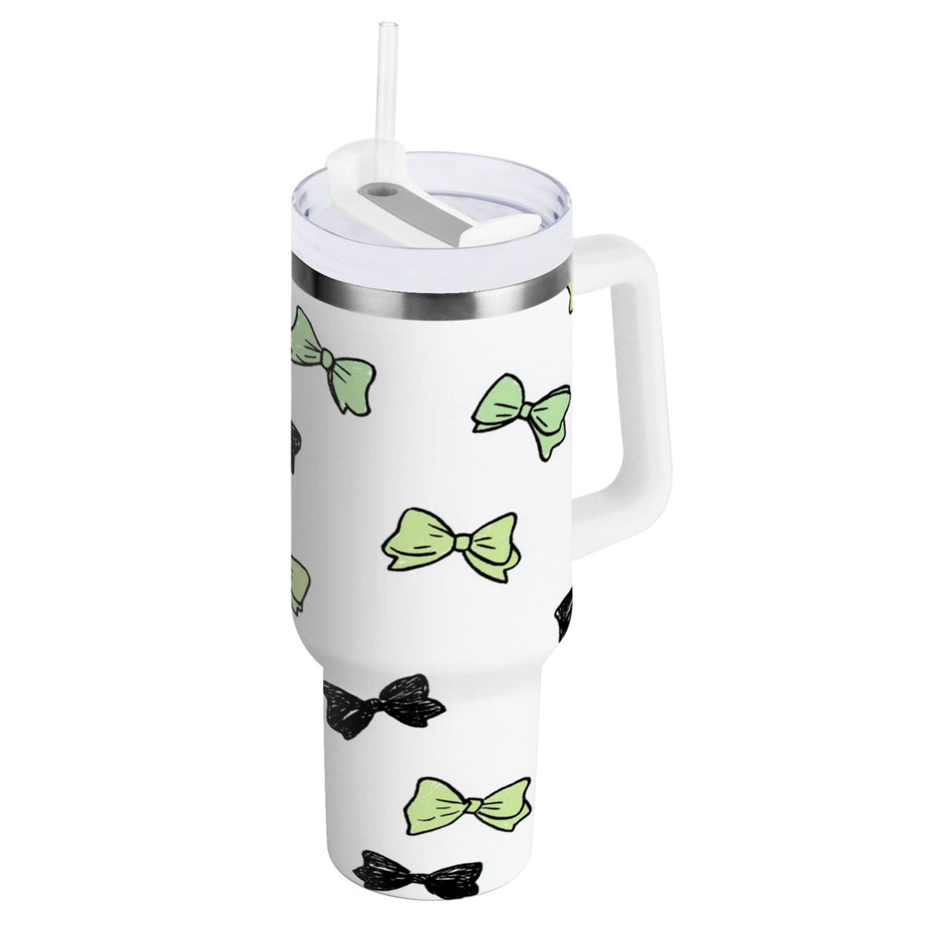 40 oz Insulated Stainless Steel Tumbler Double Wall Stainless Steel Tumbler with 2-Way Drinking Green and Black Bows - QUAU