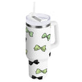 40 oz Insulated Stainless Steel Tumbler Double Wall Stainless Steel Tumbler with 2-Way Drinking Green and Black Bows - QUAU