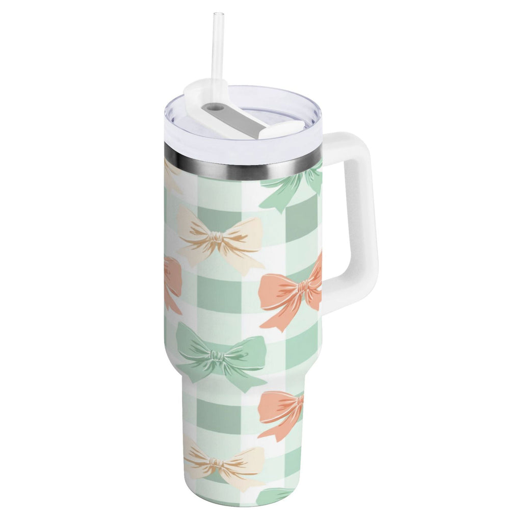 40 oz Insulated Stainless Steel Tumbler Double Wall Stainless Steel Tumbler with 2-Way Drinking Green and Peach Bow Pattern - A16O