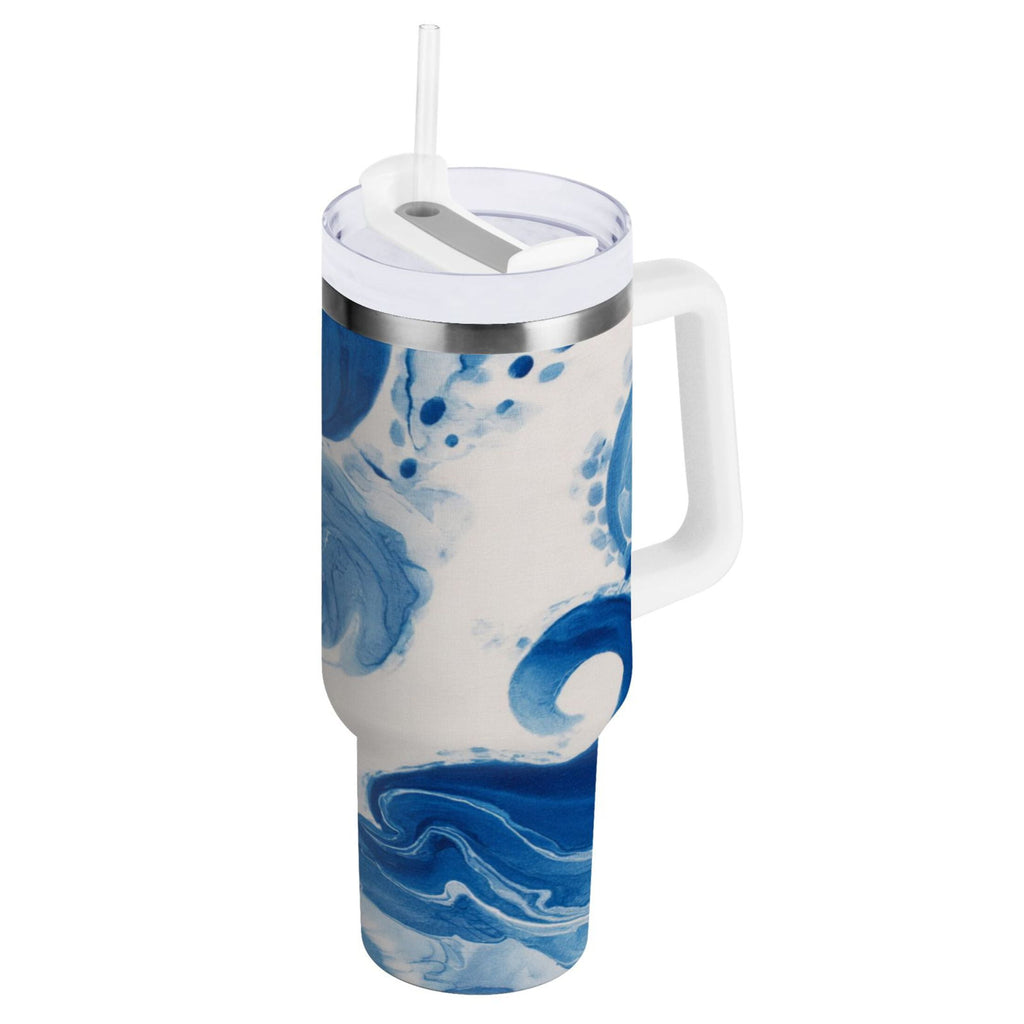 40 oz Insulated Stainless Steel Tumbler Double Wall Stainless Steel Tumbler with 2-Way Drinking Indigo Blue Tie-dye Pattern - 4RJH