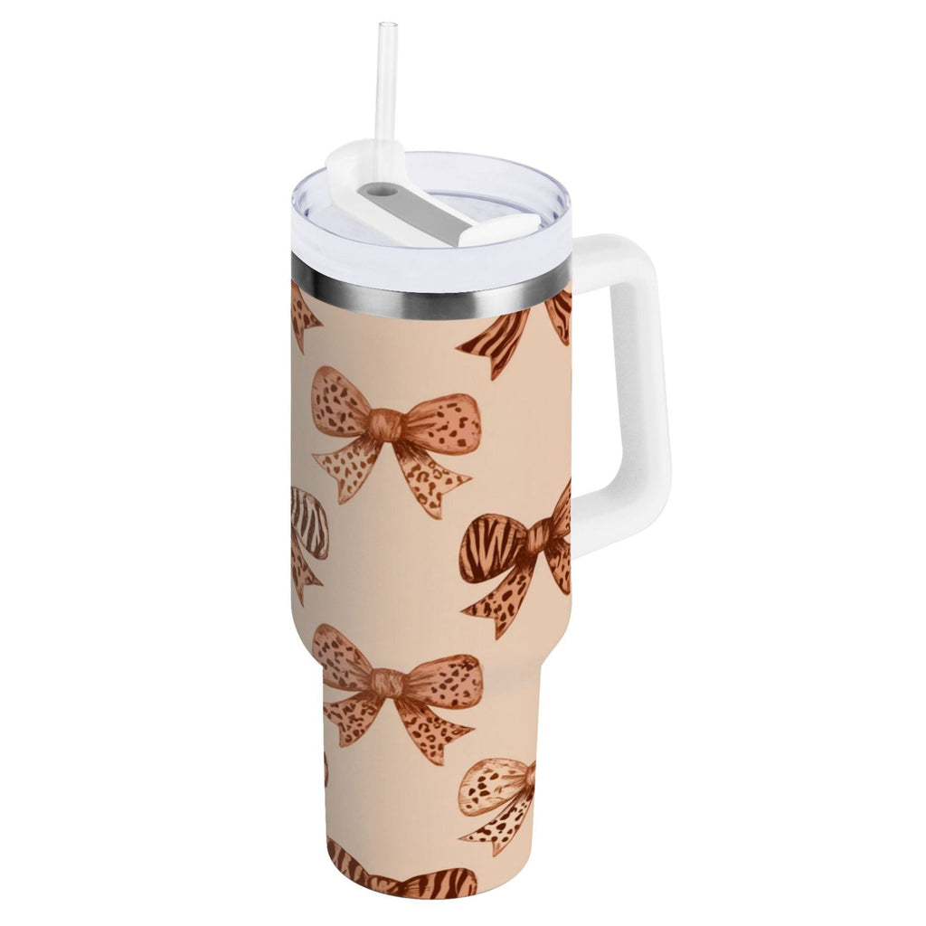 40 oz Insulated Stainless Steel Tumbler Double Wall Stainless Steel Tumbler with 2-Way Drinking Leopard Print Bow - Q3LB